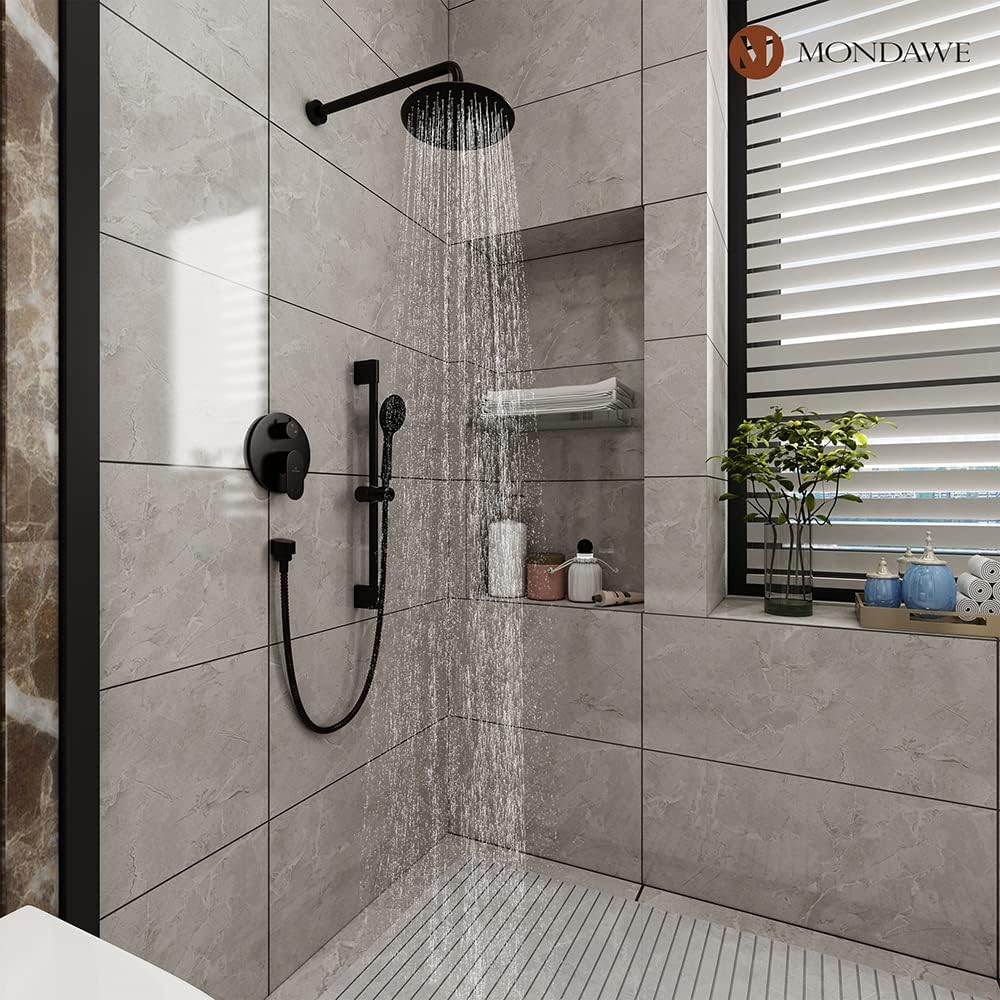 MONDAWE 9 Inch Wall Mounted Shower Faucet Set in Oil Rubbed Bronze, Rainfall Shower Head with 3-Setting Handheld Spray Shower Set Combo, High Pressure Shower System with Solid Brass Valve