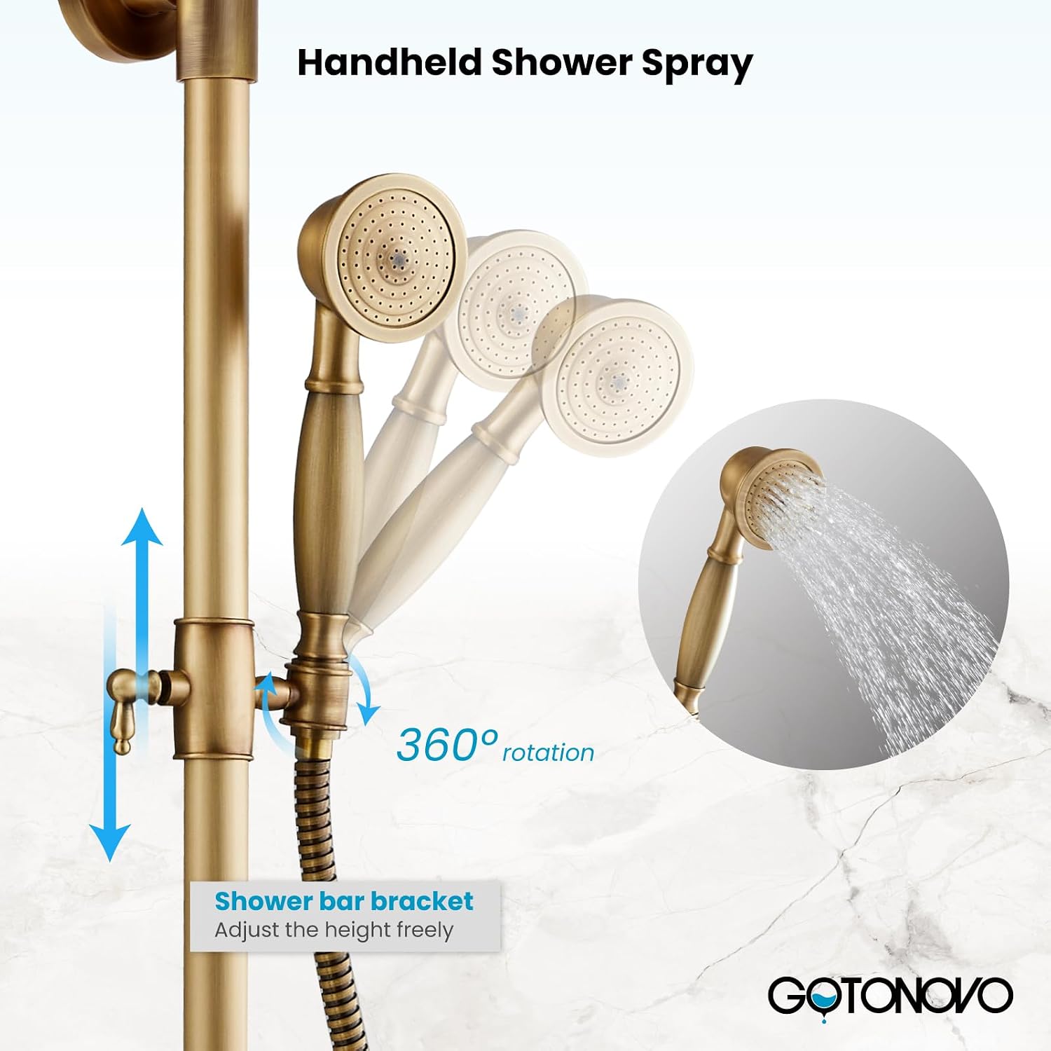 gotonovo Exposed Shower Faucet Set with Shower Shelf 8 inch Rainfall Shower Head with Handheld Sprayer Double Cross Handles Shower System Dual Functions Wall Mounted Antique Brass