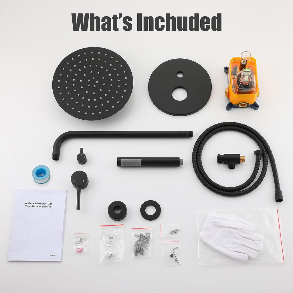 MONDAWE Round Shower Faucet Set, Wall Mounted Shower System 10 Inch Rainfall Shower Head with Handheld Combo, Matte Black High Pressure Rainfall Shower Set -Valve Included