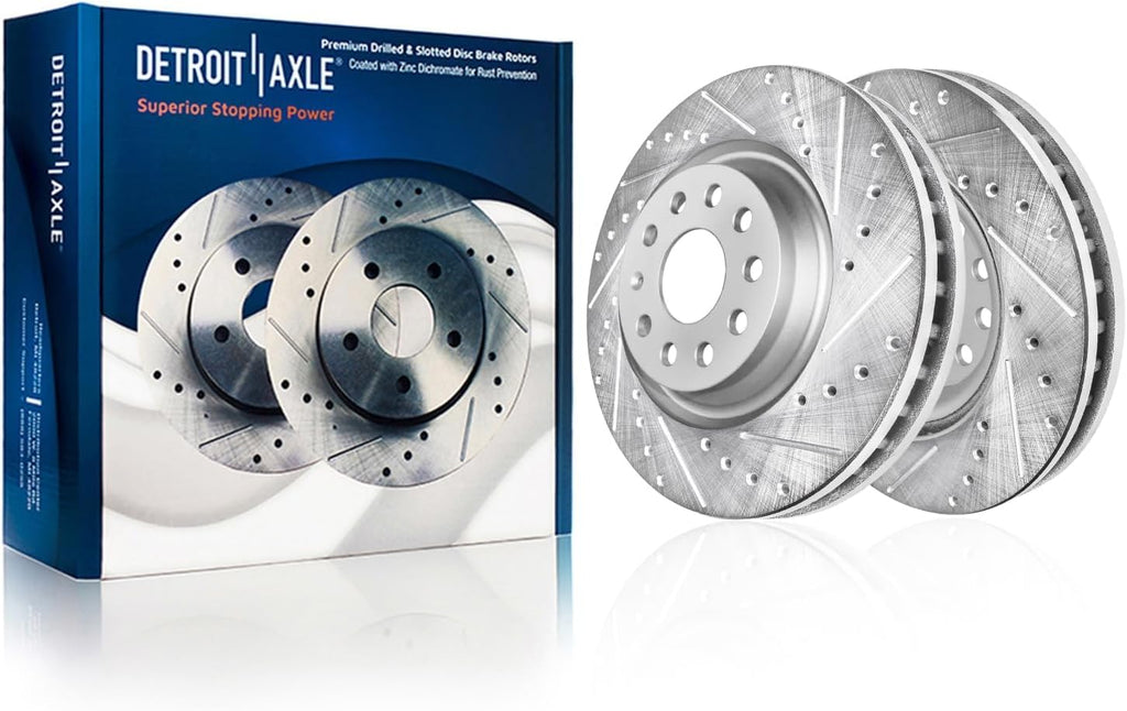 Detroit Axle - Front Brake Kit for Volkswagen Arteon CC Jetta GTI Golf R Audi A3 Quattro Q3 S3, Drilled and Slotted Disc Brake Rotors Ceramic Brakes Pads Replacement: 13.39' inch Rotor