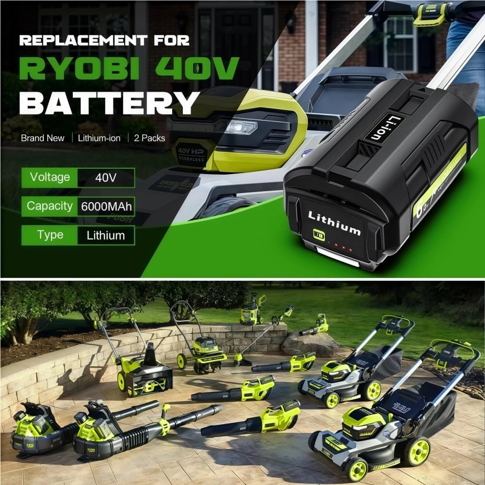 LINGYUE OP40401 40V 6.0Ah Replacement Li-ion Battery Compatible with Ryobi OP4026 OP4030 OP4050 OP4060A OP40201 OP40301 Lawn Mower Trimmer Blower Power Tools Batteries Packs(4PCS)
