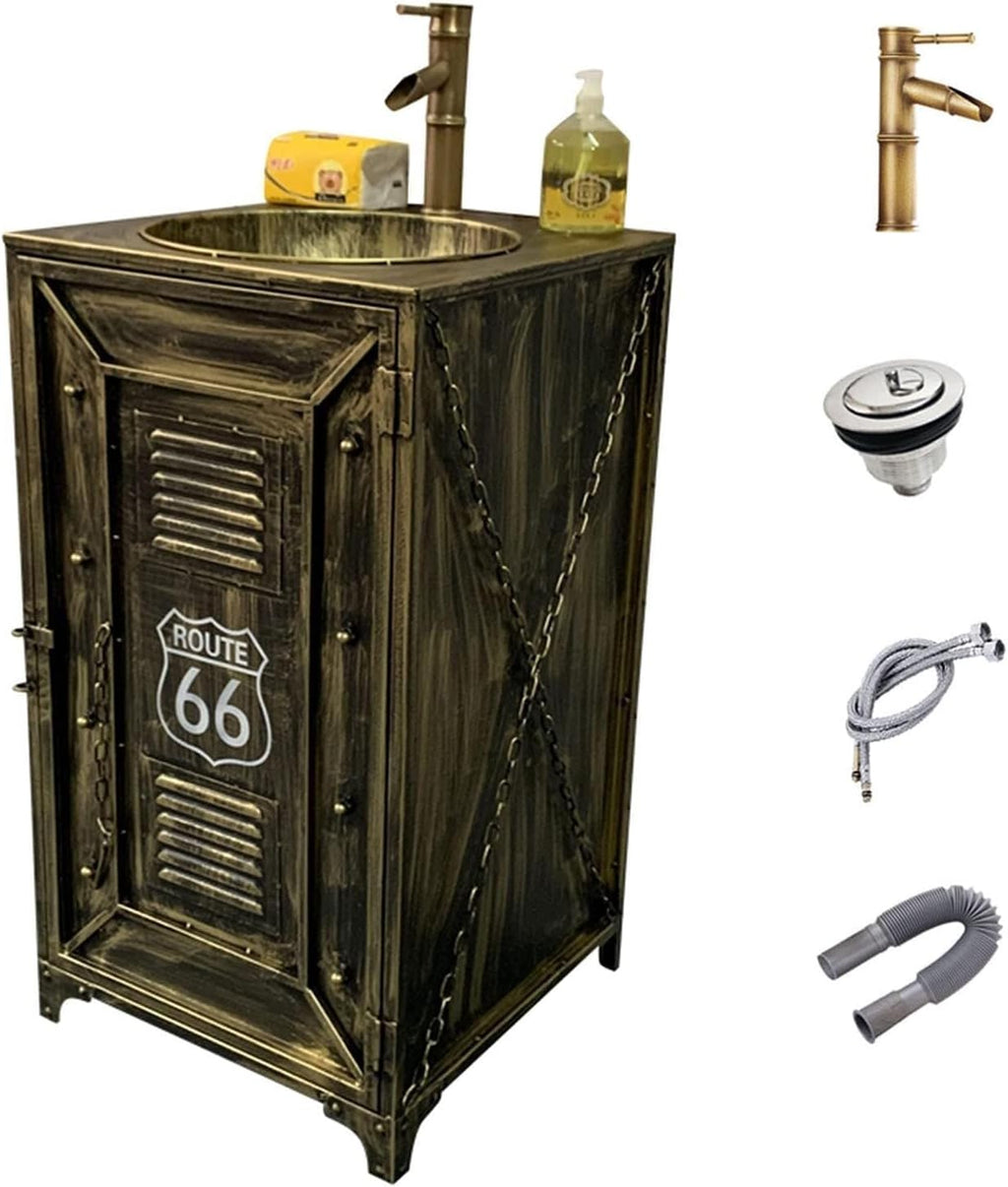 Industrial Style Retro,Creative One Piece Pedestal Basin Wrought Iron,Pedestal Sink Storage Cabinet Two Tiers - Toilet Standing Washbasin,Ideal for Organizing Bathroom ES-Black-Without Mirror