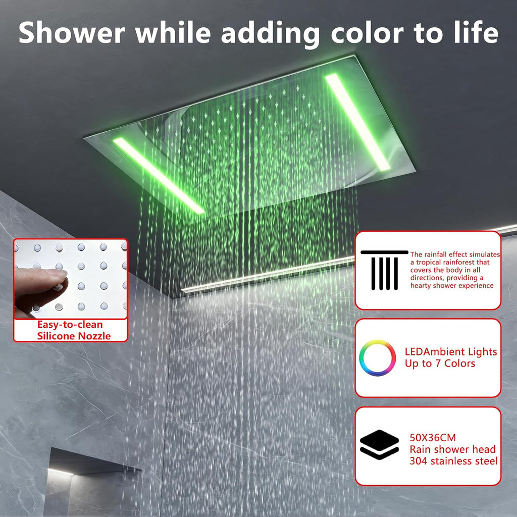 14 X 20 Inch Ceiling LED Rain Shower Head, Dual Rainfall Smart Shower System Set With 8 Inch Wall Head For Two People (Chrome Polished)