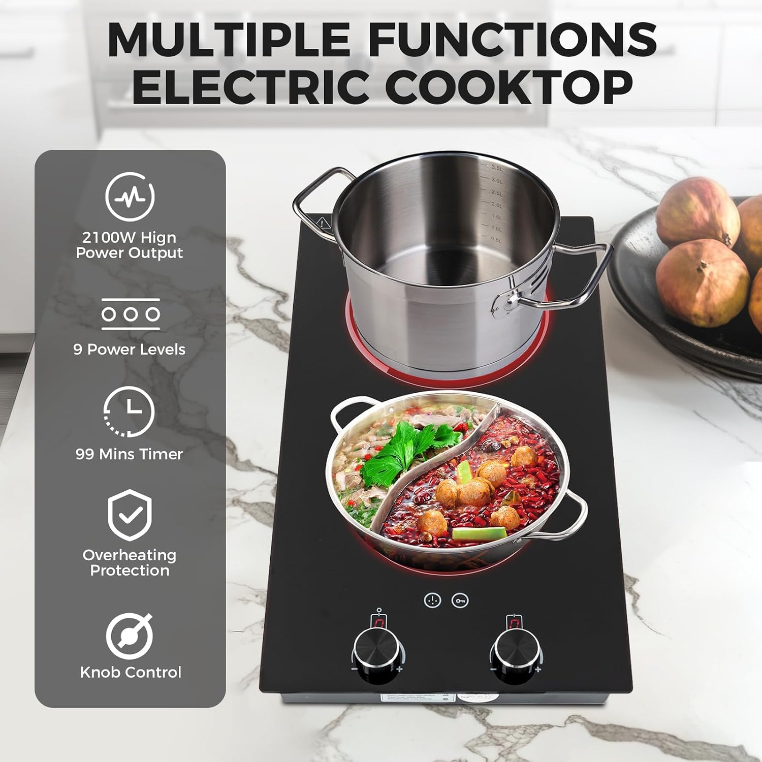 Electric Cooktop, 110-120V 2100W Electric Stove Top with Knob Control, 9 Power Levels, Lock & Timer,Built-in Radiant Double Induction Cooktop Stove for Home Dorm Office, Camping (Black)