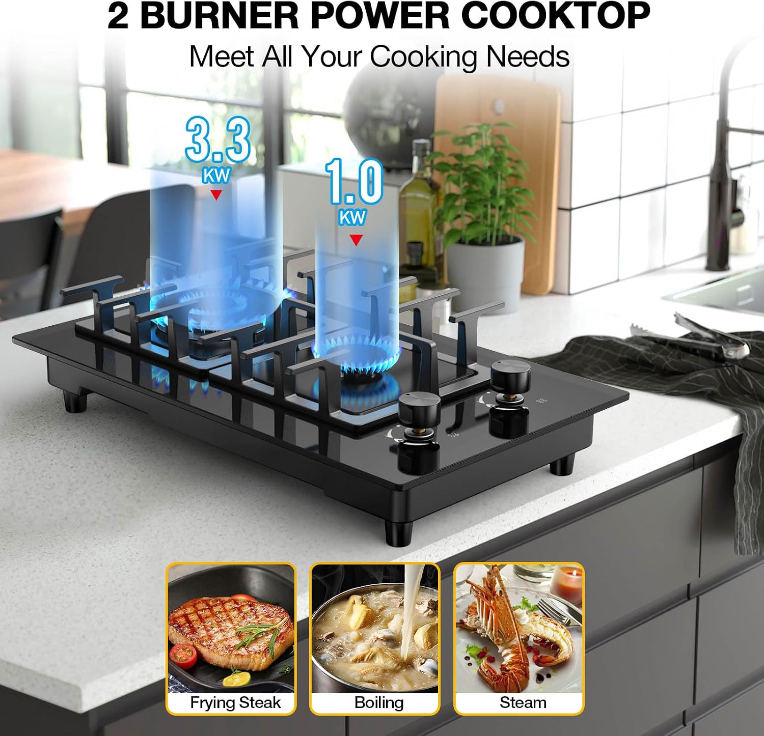 2 Burner Gas Stove Propane Cooktop, Tempered Glass Gas Cooktop 12 inch Stainless Steel Gas Burner with Thermocouple Protection, Lpg/Ng Dual Fuel Built-in Gas Stove Top for Apartments, Rvs