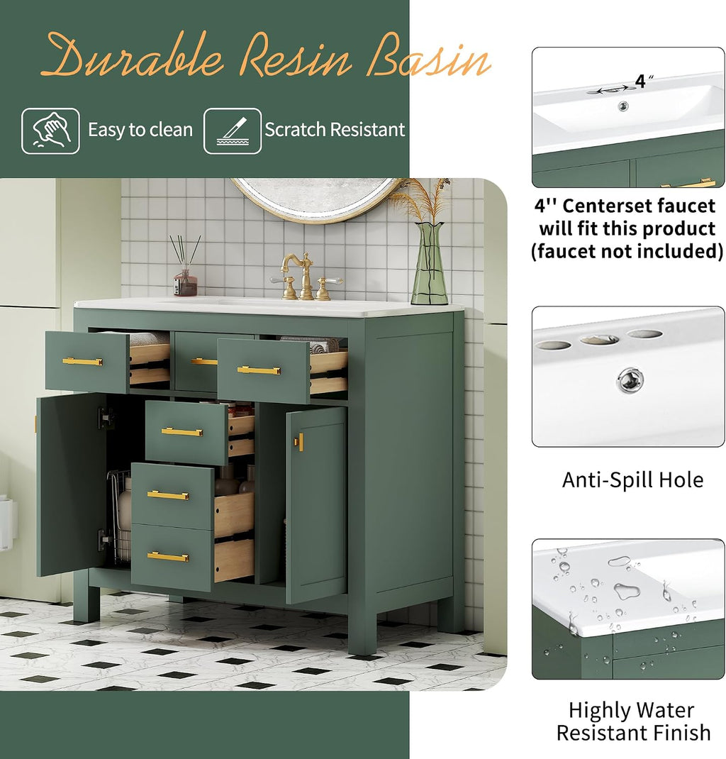 Virubi 36' Bathroom Vanities with Single Sink Set, Bathroom Storage Cabinet with 4 Drawers and 2 Soft Closing Doors, Solid Wood Frame Bathroom Sink Vanities