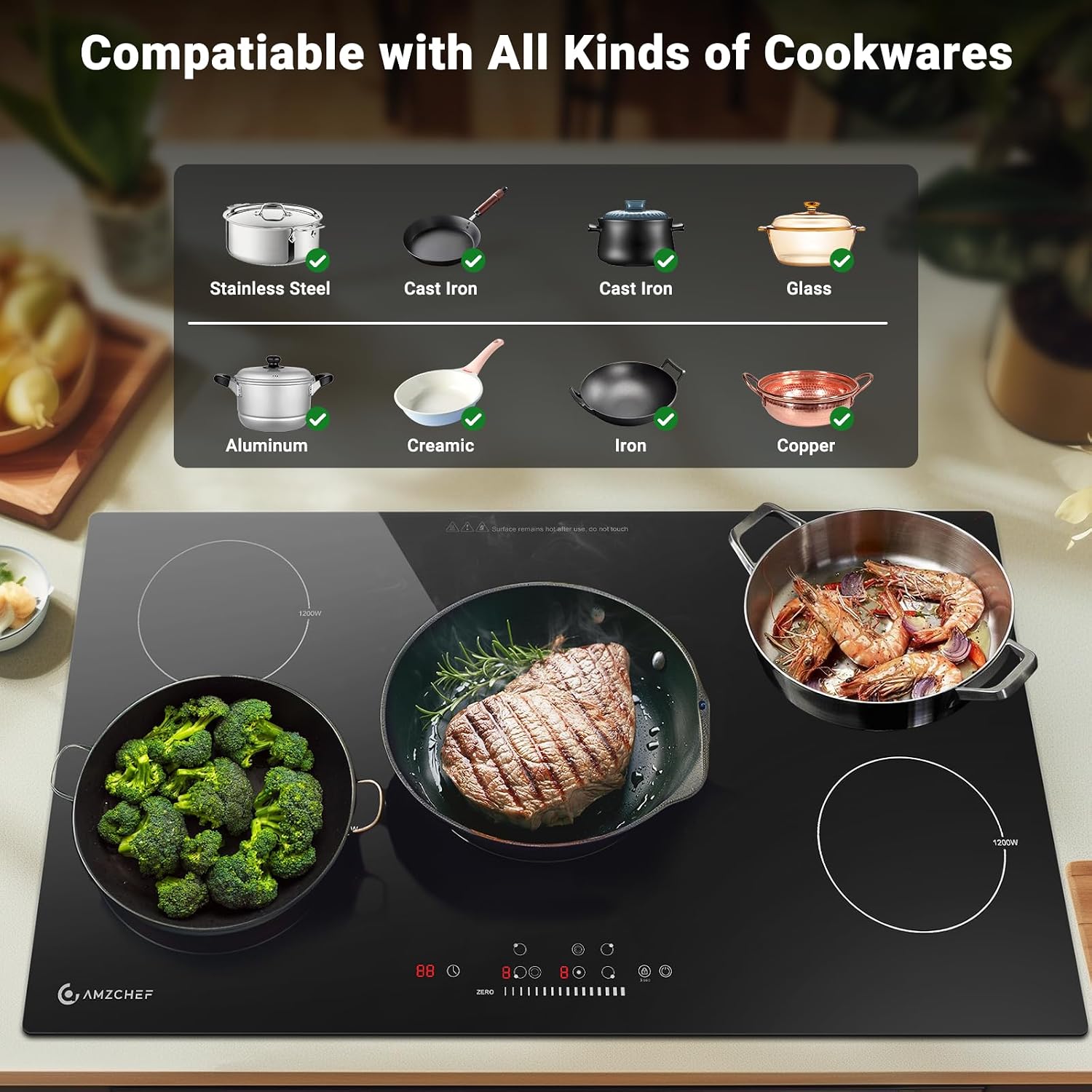 AMZCHEF 36 Inch Electric Cooktop 8900W: 5 Burner Built-in Electric Stove Top with 9 Power Lever, 2 High-Efficiency Burners Timer, Touch Control&Safety Function, Ceramic Stove for Kitchen