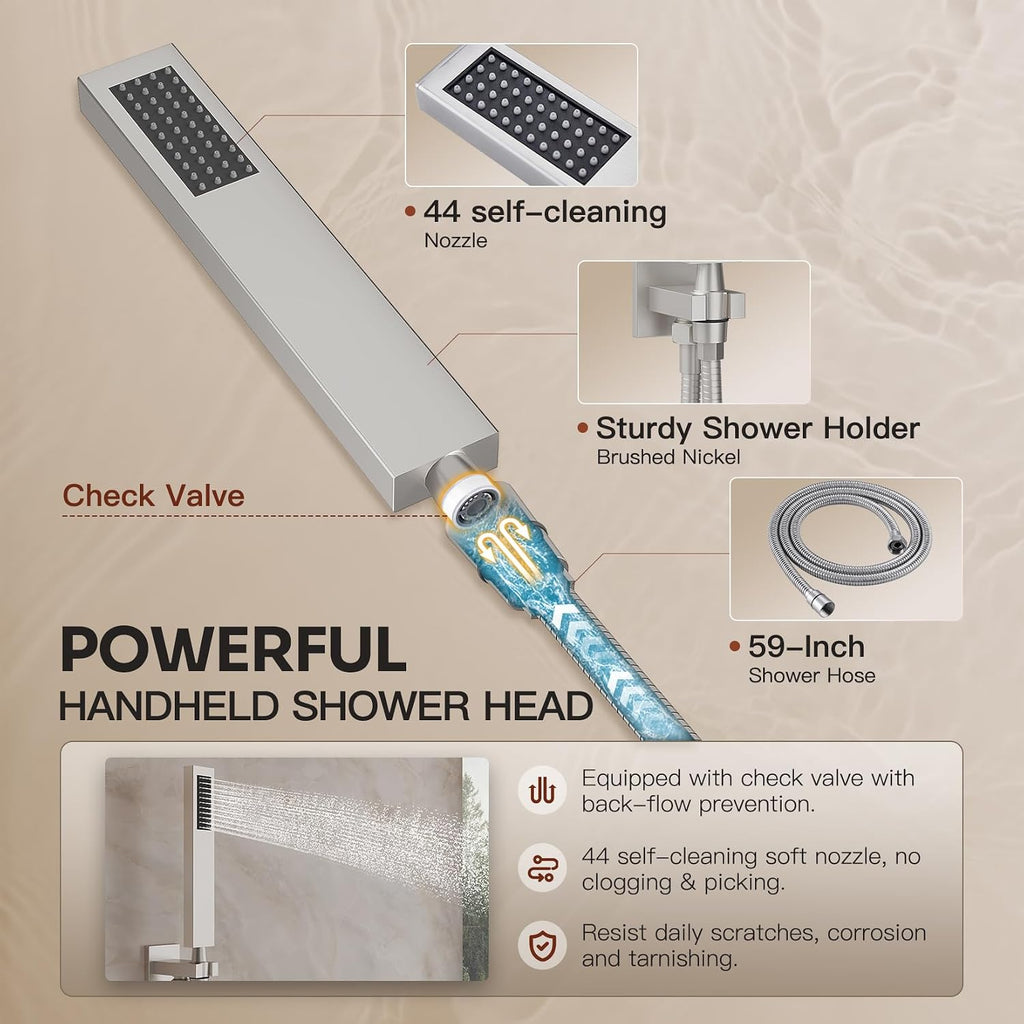 Shower System, Shower Faucet Set with 3 In 1 Push Button Valve, Shower Faucet included 10' Ceiling Shower Head and 8' Wall-Mount Shower Head with Handheld Spray, Brushed Nickel