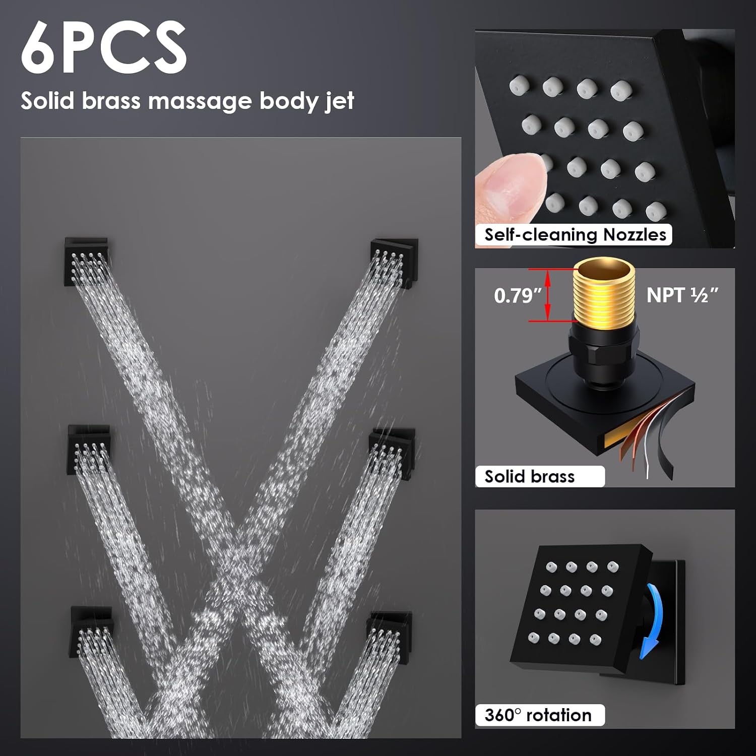 Enga Thermostatic Shower System with Body Jets (Use All Functions At A Time), Ceiling Mounted 12 Inch LED Rain Shower with 6 Body Spray Jets and Handheld Shower Faucet Set, Matte Black