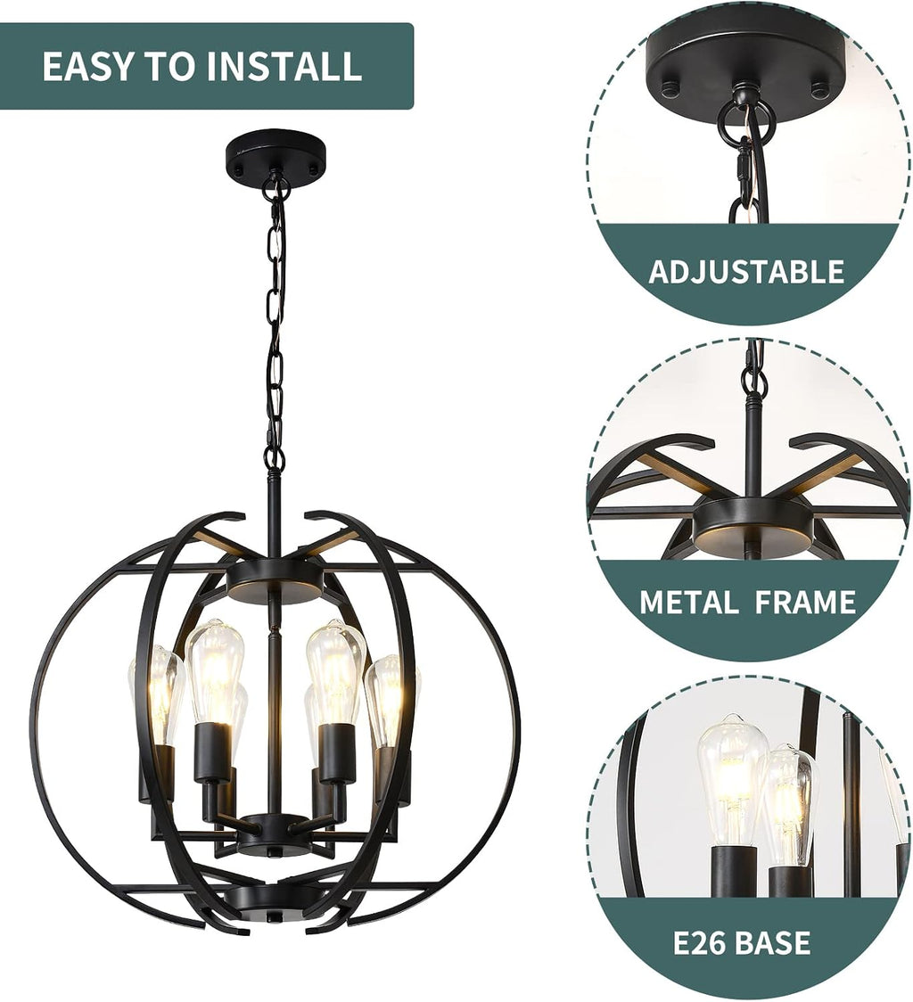 Pendant Lights Globe Black Chandeliers Lighting, Hallway Light Fixtures Ceiling Adjustable Hanging 6 Light for Kitchen, Dining Room, Living Room, Bedroom