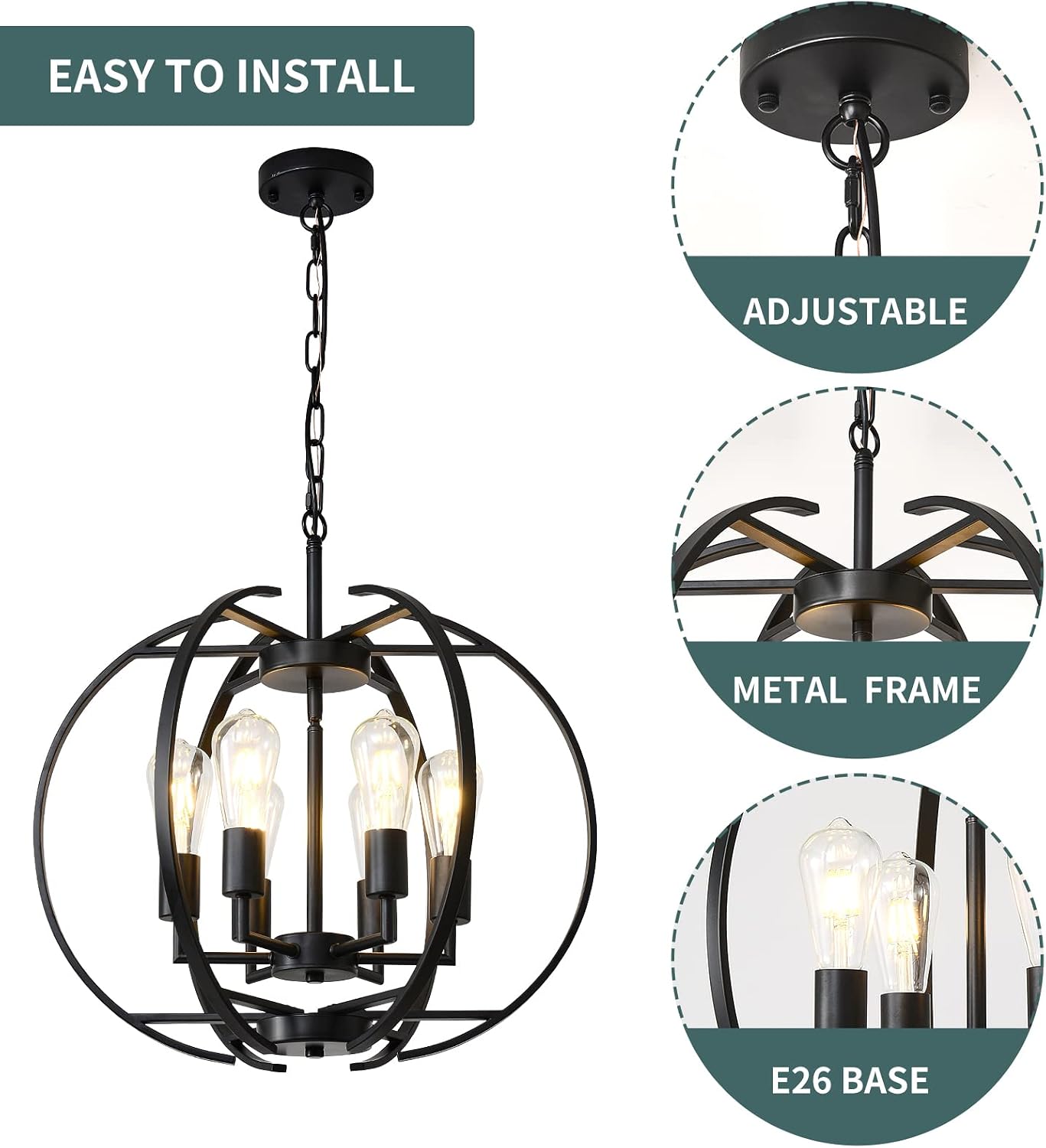 Pendant Lights Globe Black Chandeliers Lighting, Hallway Light Fixtures Ceiling Adjustable Hanging 6 Light for Kitchen, Dining Room, Living Room, Bedroom