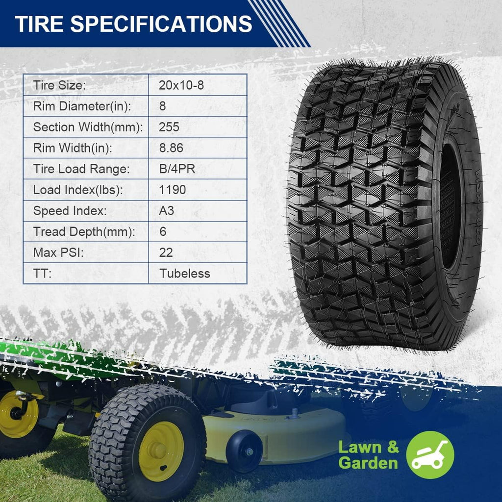 MaxAuto FOX V1 20x10.00-8 Lawn Mower Tires 4Ply Tubeless - Patent Design Fox V1 20x10-8nhs Golf Cart Tire, 20x10x8 Turf Tractor Tires for Golf Carts & Riding Lawn Tractors, Set of 2
