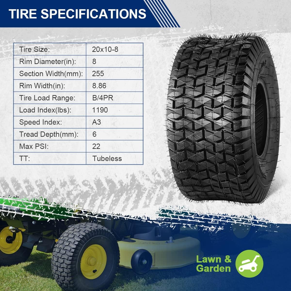 MaxAuto FOX V1 20x10.00-8 Lawn Mower Tires 4Ply Tubeless - Patent Design Fox V1 20x10-8nhs Golf Cart Tire, 20x10x8 Turf Tractor Tires for Golf Carts & Riding Lawn Tractors, Set of 2