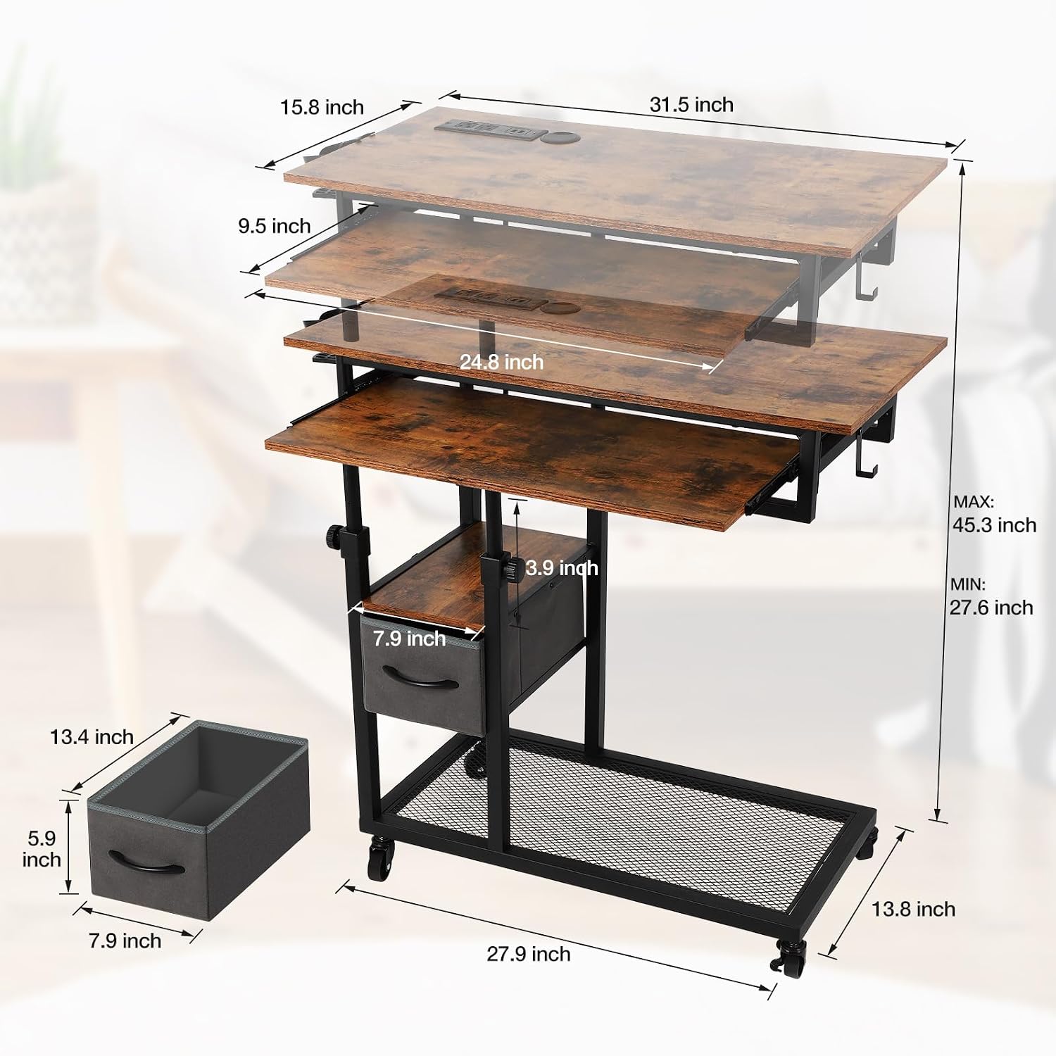 FAHKNS C Table with Wheels, Adjustable Couch Table with Charging Station, Couch with Cup Holder, Sofa Bedside Laptop Stand C Shaped TV Tray with Storage Shelves