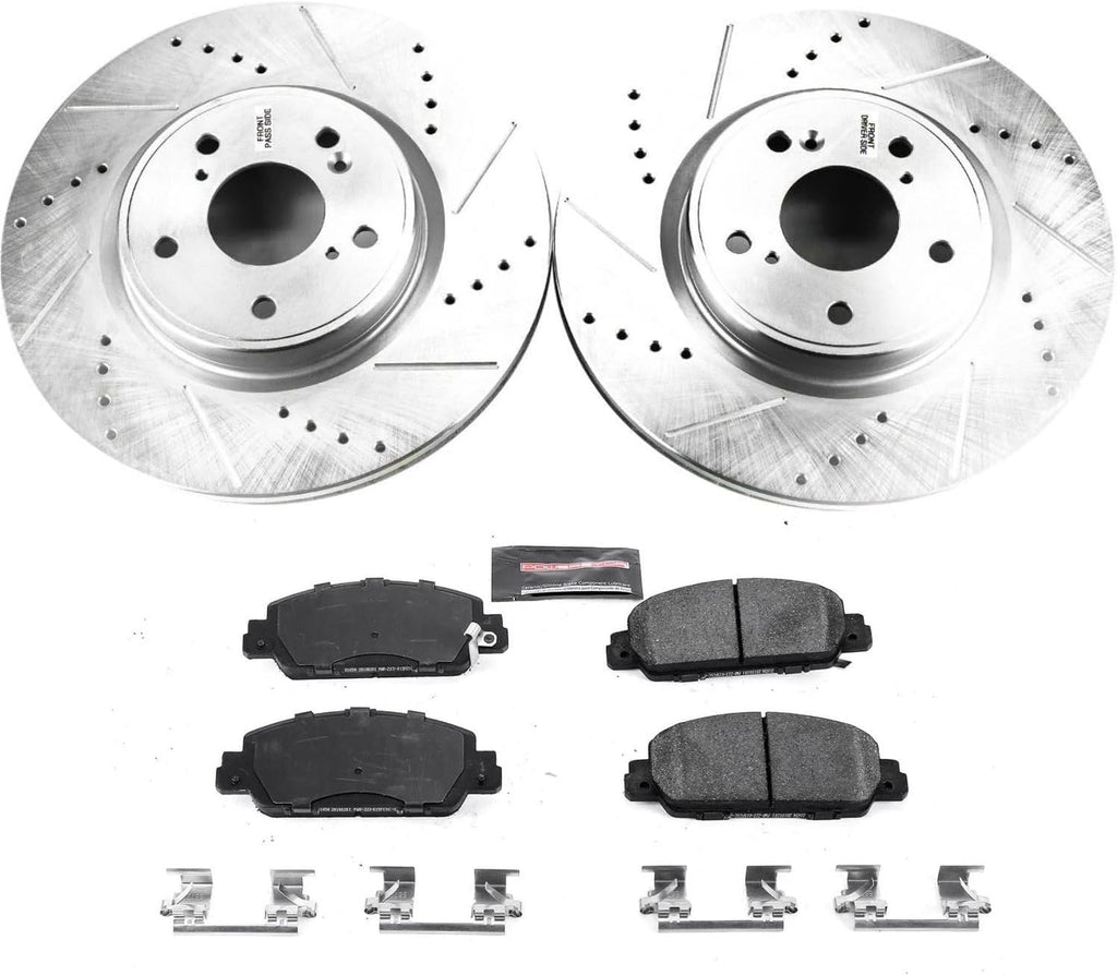 PowerStop Front Brake Kit for Acura Integra 2023-25 |Honda Accord 2018-25 |Civic 2022-24 - Drilled and Slotted Disc Rotors with Carbon-Fiber Ceramic Brake Pads Replacement, K8165