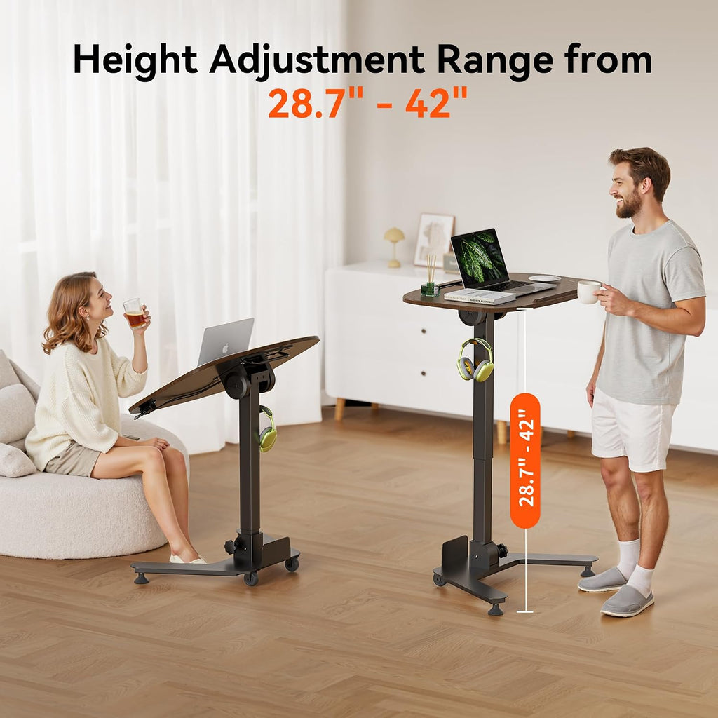 WALKINGDESK Folding Pneumatic Height Adjustable Mobile Standing Desk with 90° Tiltable Tabletop, 27.2x18.9 Inch Portable Laptop Desk with Wheels, Holds Up to 66.1lbs for Home Office, Black Walnut