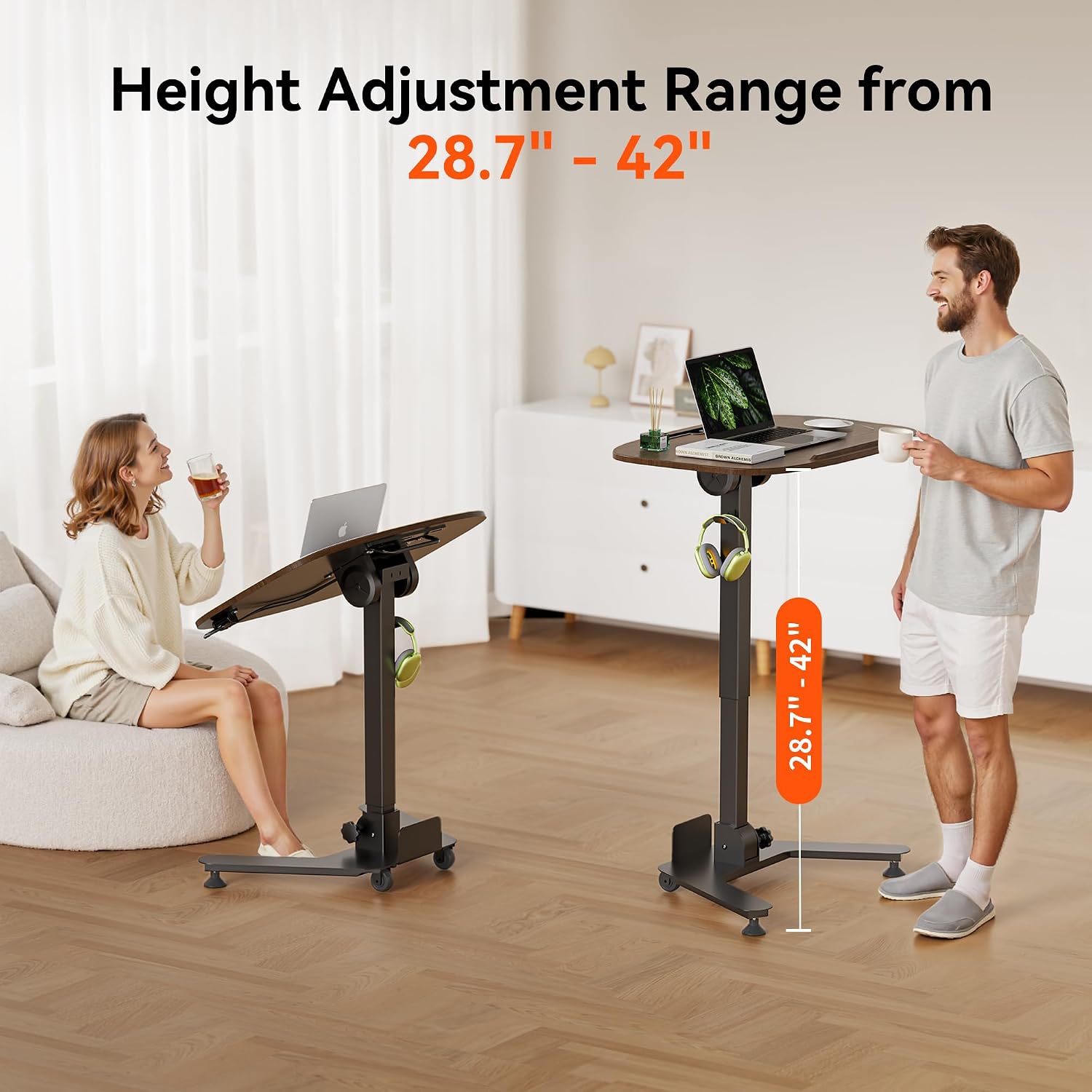 WALKINGDESK Folding Pneumatic Height Adjustable Mobile Standing Desk with 90° Tiltable Tabletop, 27.2x18.9 Inch Portable Laptop Desk with Wheels, Holds Up to 66.1lbs for Home Office, Black Walnut