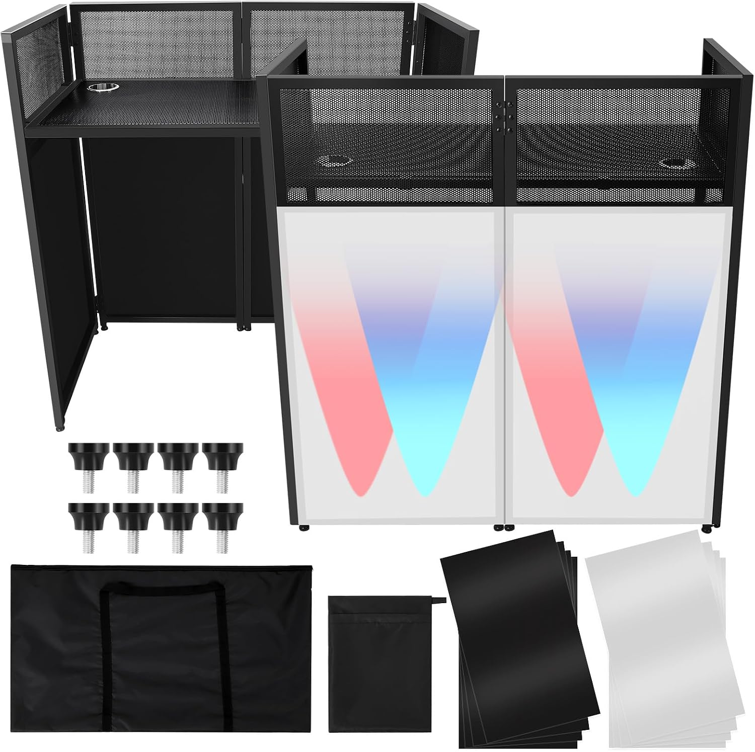 Portable DJ Facade Booth, Foldable DJ Table Station With White & Black Lighting Scrim,50'L x48' Hx 25'W DJ Stand Booth,With Adjustable DJ Event Facade Feet for Party, Black Metal Frame (52x 43.2 x 26)