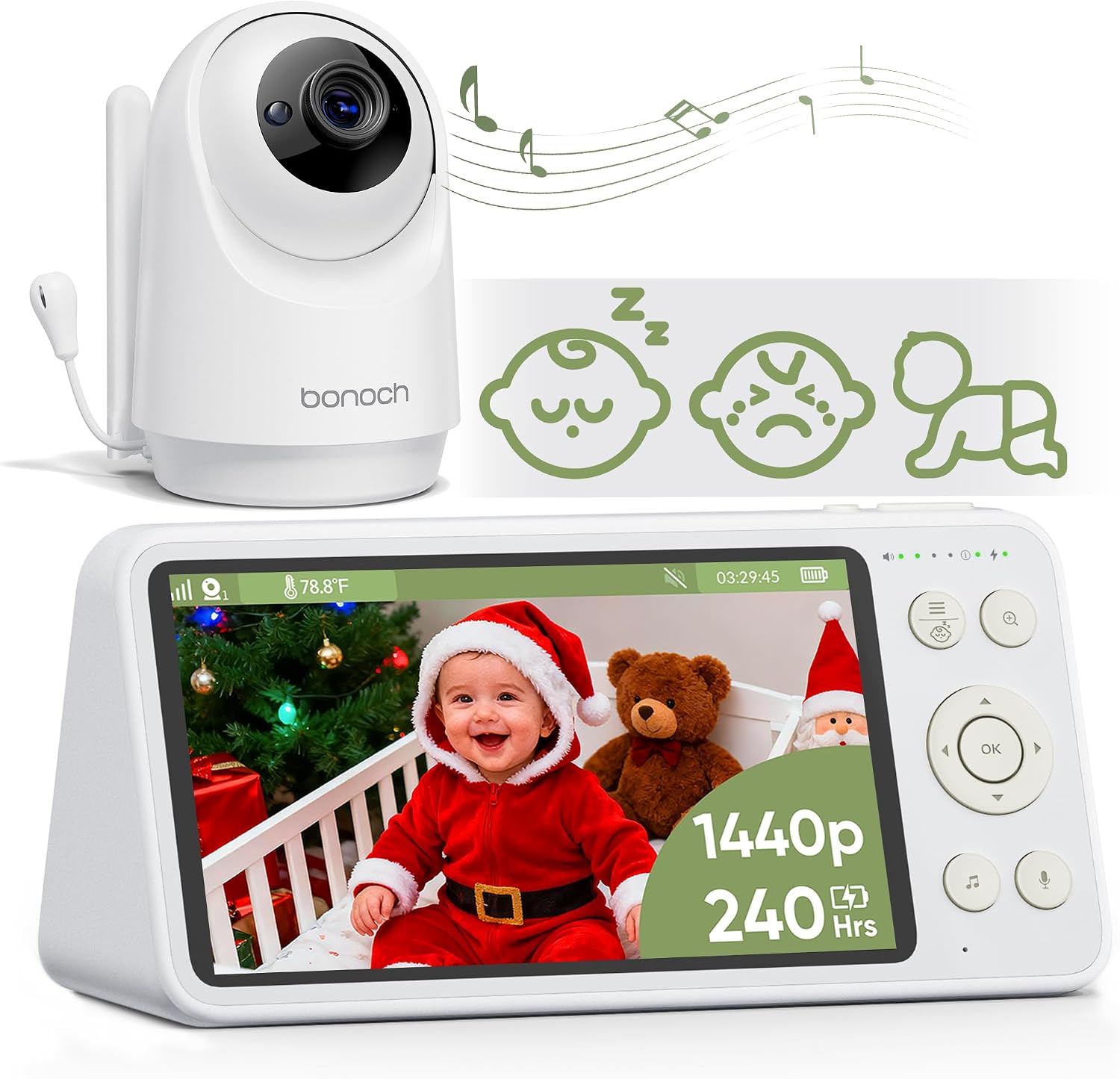 bonoch 5.5' 1440p Baby Monitor with Camera and Audio with Mount, No WiFi Baby Camera, 240h Long-Lasting, Smart Detect Sleep Turn Over/Cry/Motion, 7800mAh, Hack Proof Video Monitor, White Noise