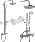 gotonovo Exposed Shower Faucet Set with Shower Shelf 8 inch Rainfall Shower Head with Handheld Sprayer Double Cross Handles Shower System Dual Functions Wall Mounted Polished Chrome