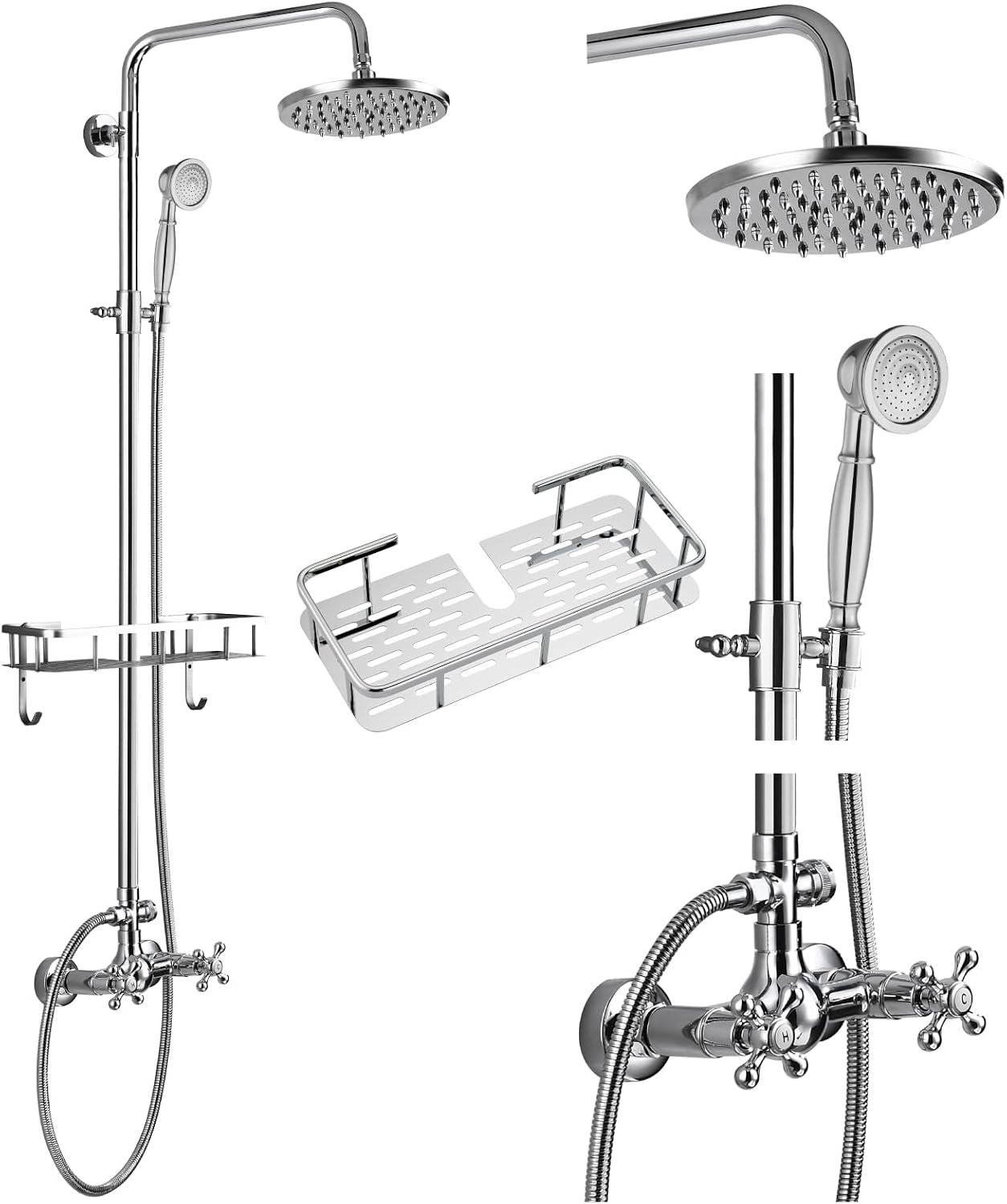 gotonovo Exposed Shower Faucet Set with Shower Shelf 8 inch Rainfall Shower Head with Handheld Sprayer Double Cross Handles Shower System Dual Functions Wall Mounted Polished Chrome