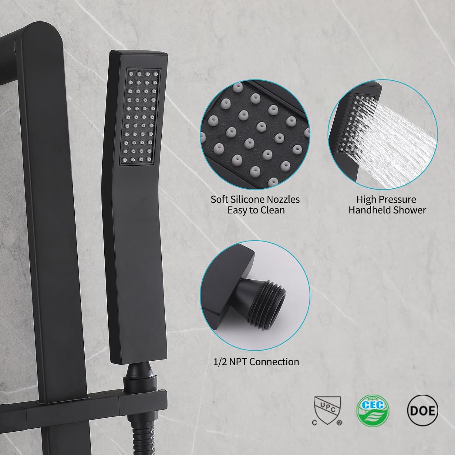 Shower Slide Bar Handheld Shower Head with Hose, Bathroom Showerhead with Handle Spray, High Pressure Shower Slide Bar Height Adjustable with 59.06 Inch Stainless Steel Hose Matte Black