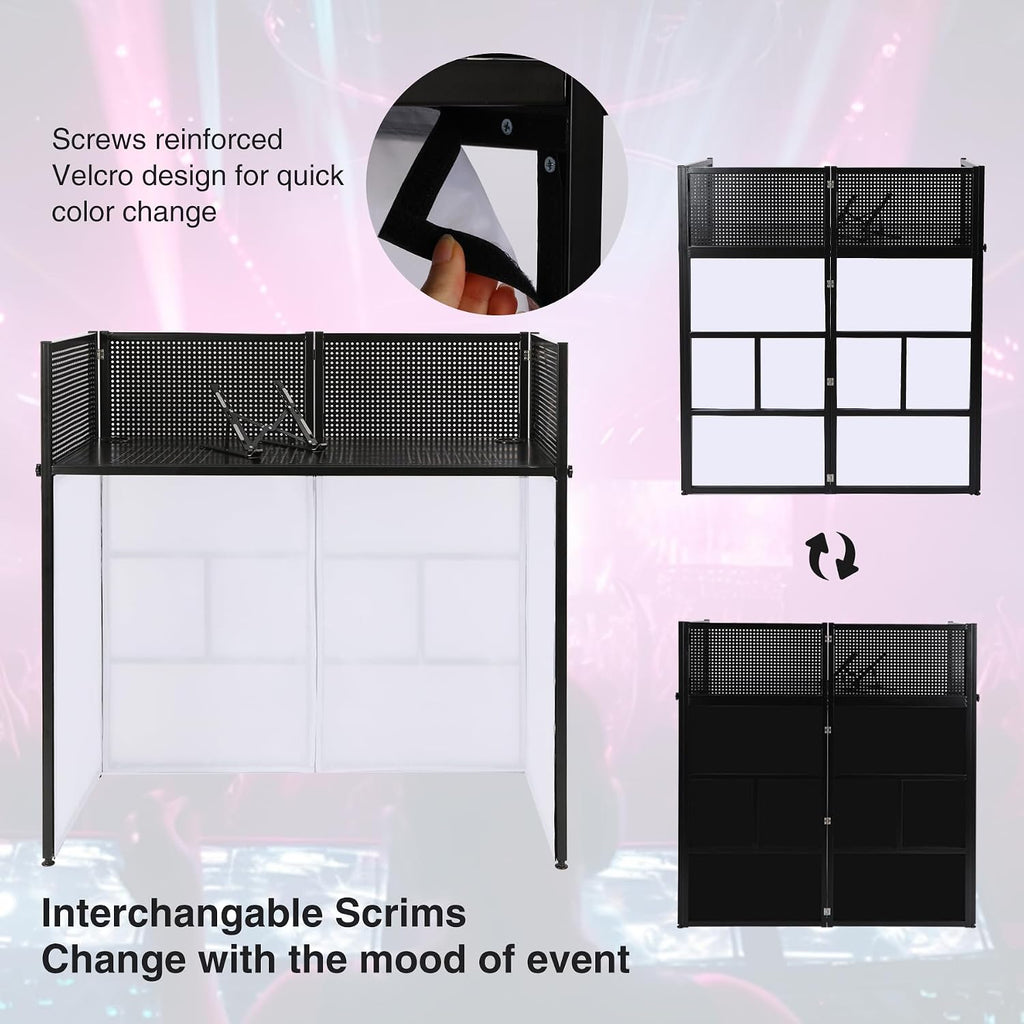 Portable DJ Facade Table Station, 41 x 20 x 40 Inches DJ Facade Booth with Black/White Scrims and Carrying Bag, Metal Frame Folding DJ Stand with Adjustable Height Feet