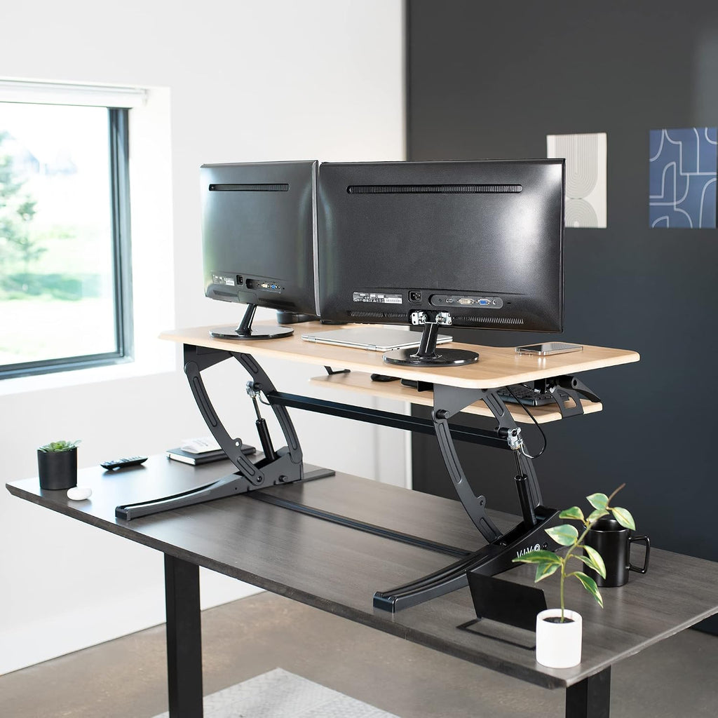 VIVO 42 inch Height Adjustable Stand Up Desk Converter, V Series, Quick Sit to Stand Tabletop Dual Monitor Riser Workstation, Light Wood Top, Black Frame, DESK-V000VLO