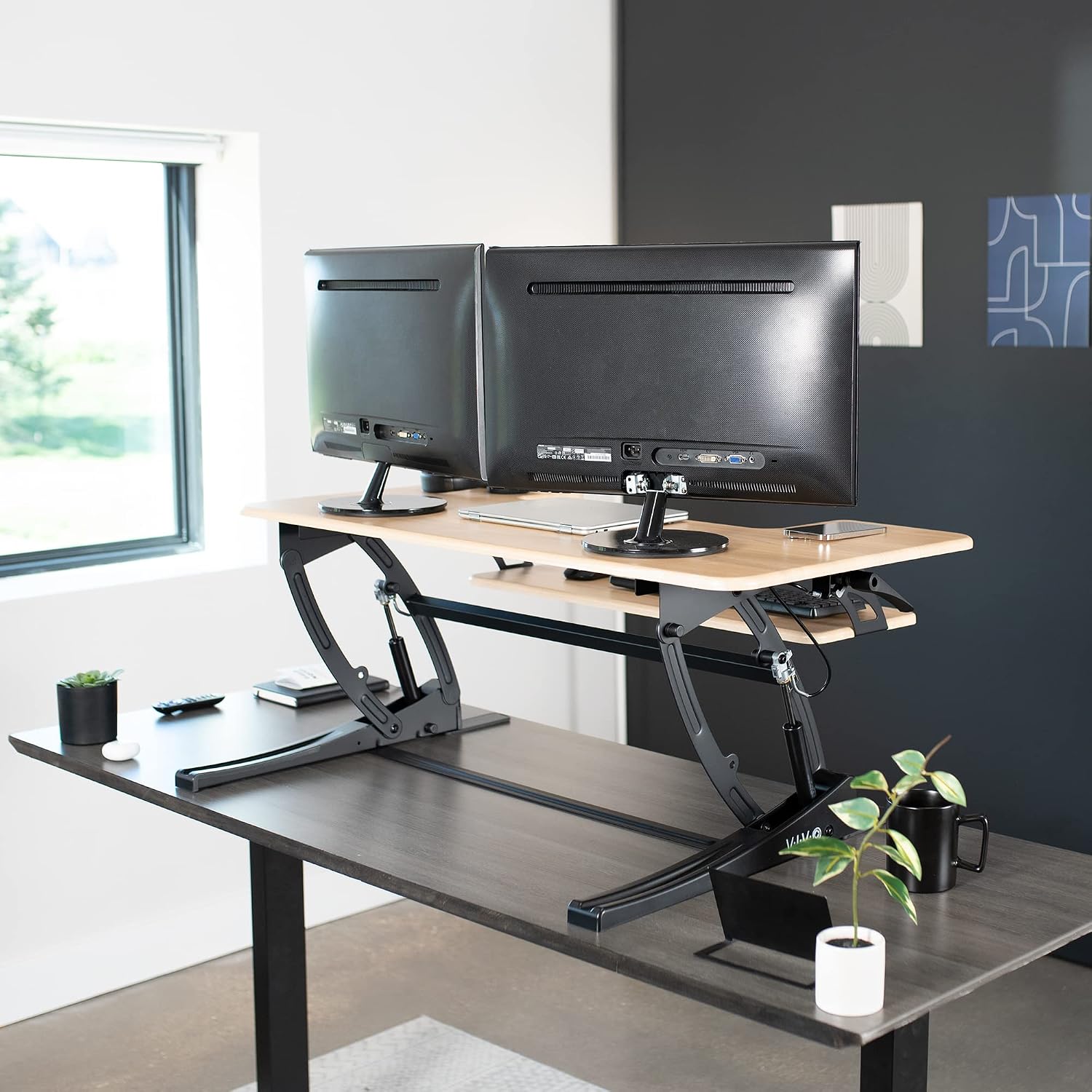 VIVO 42 inch Height Adjustable Stand Up Desk Converter, V Series, Quick Sit to Stand Tabletop Dual Monitor Riser Workstation, Light Wood Top, Black Frame, DESK-V000VLO
