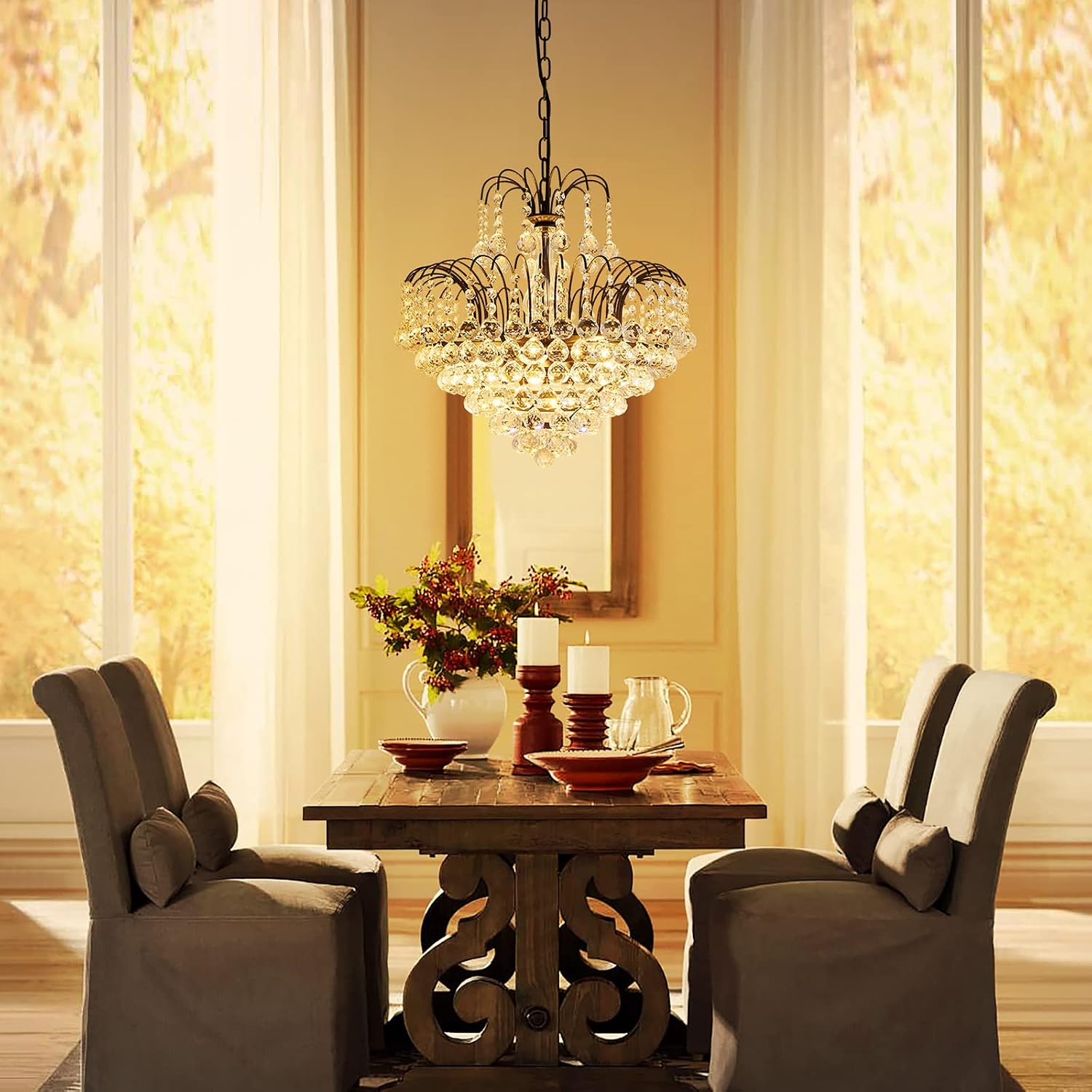 WUZUPS Crystal Chandelier Pendant Flushmount Ceiling Light Modern Lighting Fixture for Bedroom Hallway Bar Kitchen Bathroom, H 17.3' x W 18.9', Black, E12 Base