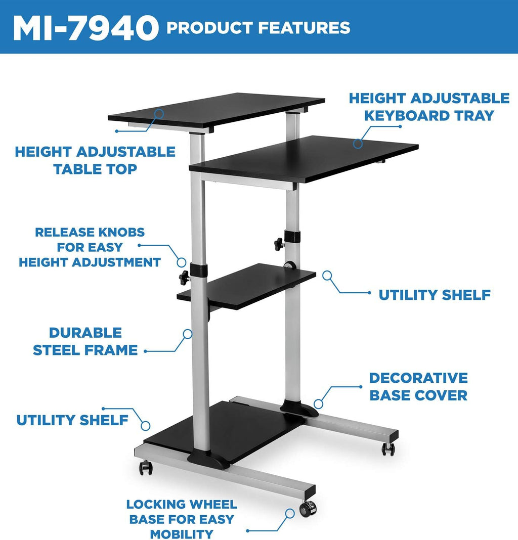 Mount-It! Rolling Standing Desk Adjustable Height up to 54.7', Portable Laptop Podium Desk on Wheels, Mobile Presentation Cart with Shelves, Adjustable Computer Workstation Home Office, Classroom