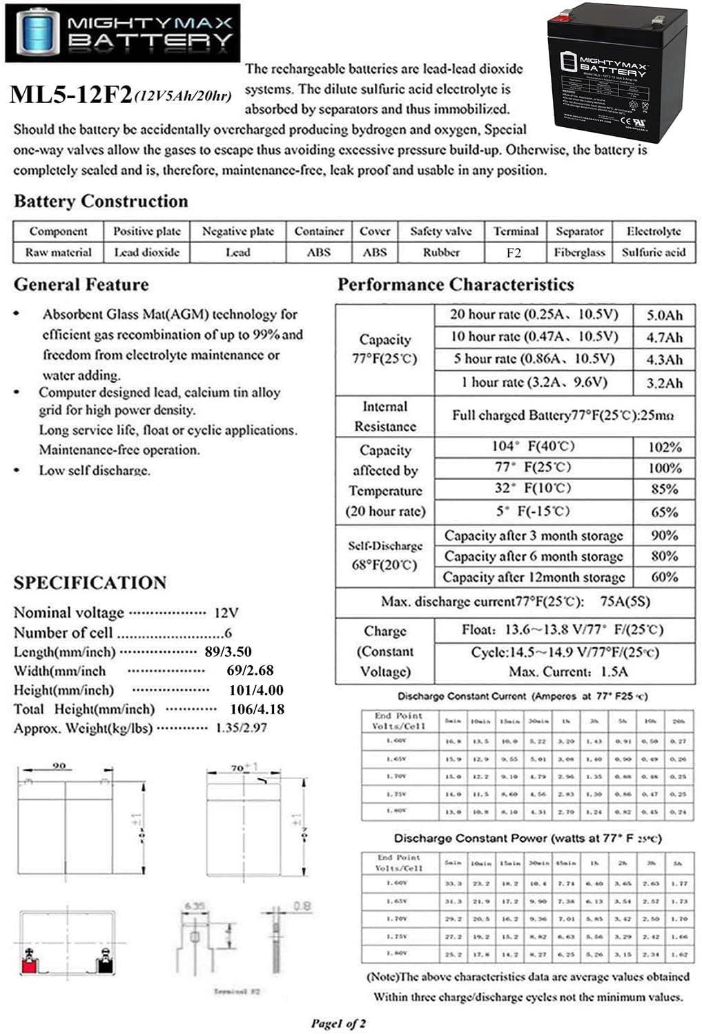 Mighty Max Battery Mighty Max Battery ML5-12F2-12 Volt 5 AH, F2 Terminal, Rechargeable SLA AGM Battery - Pack of 9