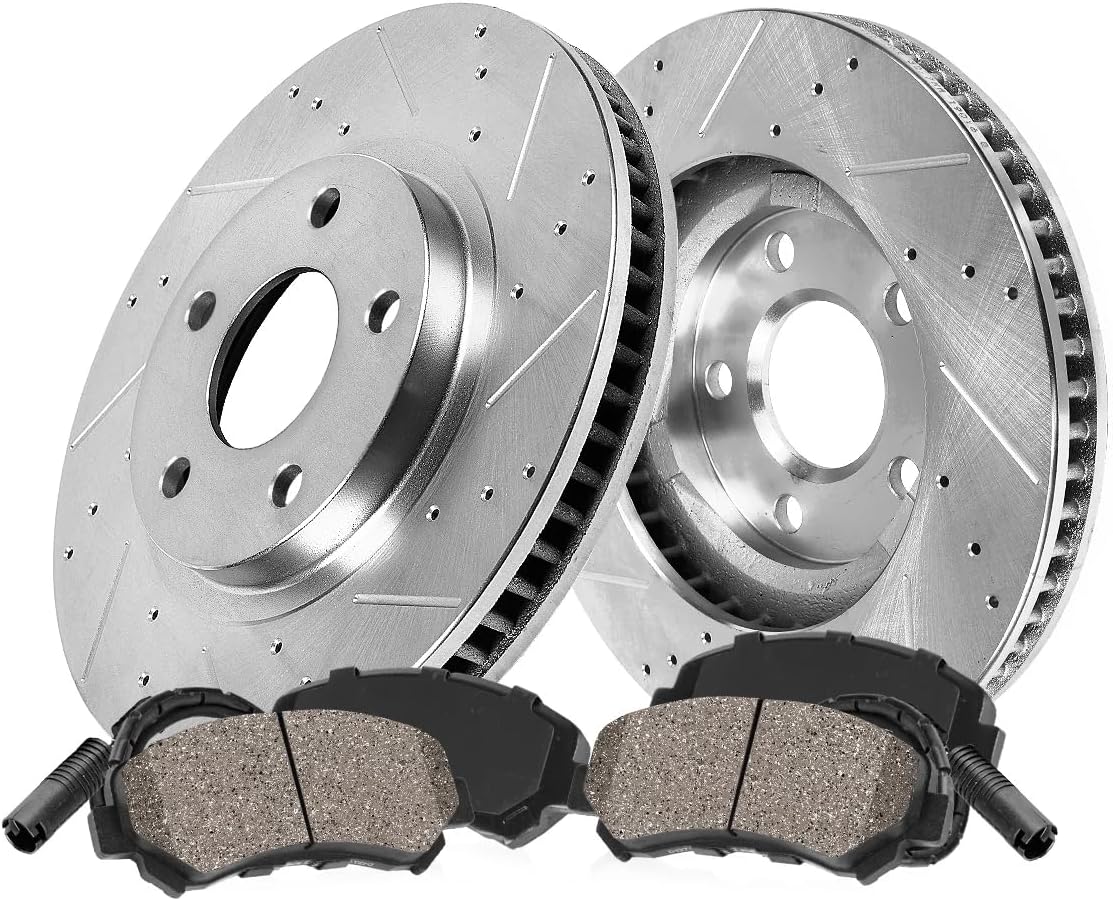 Callahan Front Brake Kit For Mercedes-Benz GL350 GL450 GLS450 GLS550 Drilled and Slotted Brake Rotors and Ceramic Pads with Sensor Wires