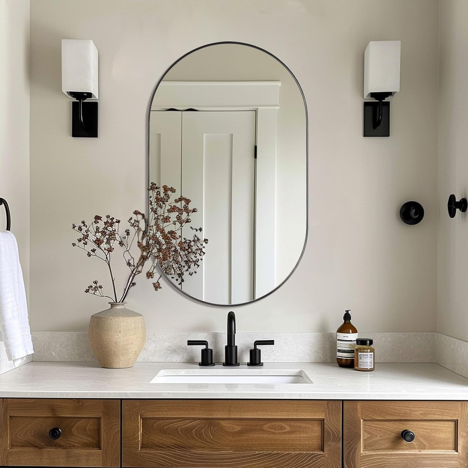 ANDY STAR Black Oval Mirror, 20x33'' Oval Mirrors for Bathroom, Pill Shaped Mirror, Black Mirror Vanity, Modern Black Mirror for Bathroom Stainless Steel Metal Framed Wall-Mounted Mirrors