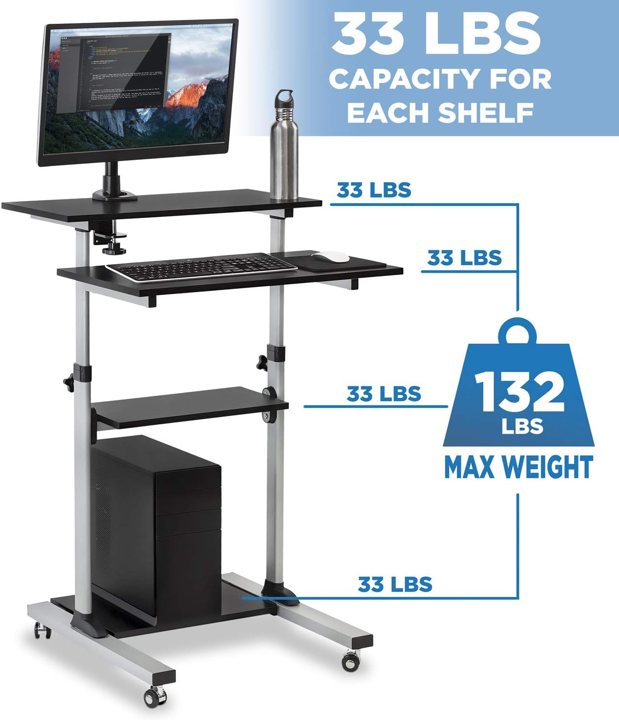 Mount-It! Rolling Standing Desk Adjustable Height up to 54.7', Portable Laptop Podium Desk on Wheels, Mobile Presentation Cart with Shelves, Adjustable Computer Workstation Home Office, Classroom