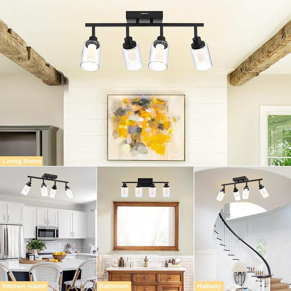 4-Light LED Black Dimmable Track Lighting Kit, 5-Color Temperature Adjustable Directional Ceiling Spotlight, Bathroom Wall Lamp with Integrated LED Chips