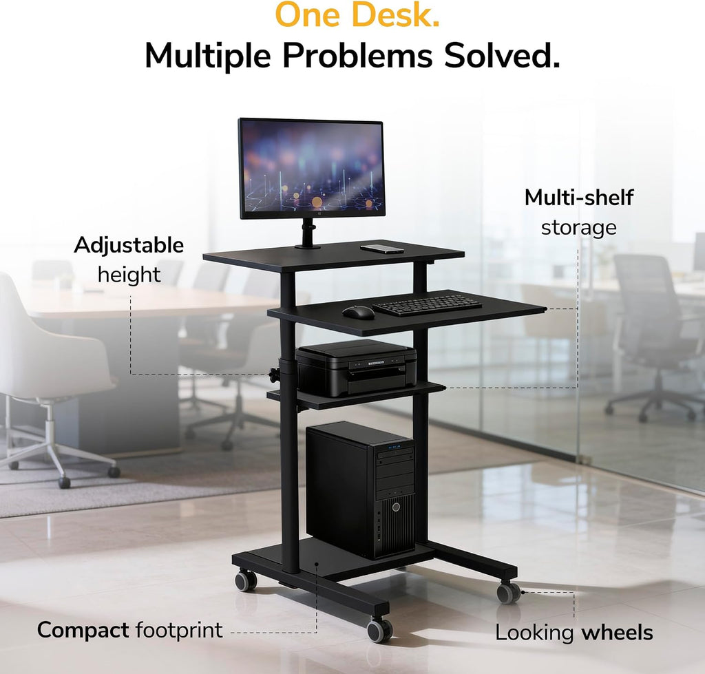 Mount-It! Black Rolling Standing Desk, Adjustable Height up to 54.7', Portable Laptop Podium Desk on Wheels, Mobile Computer Workstation with 4 Shelves 27.5' Wide, Cart for Home Office or Classroom