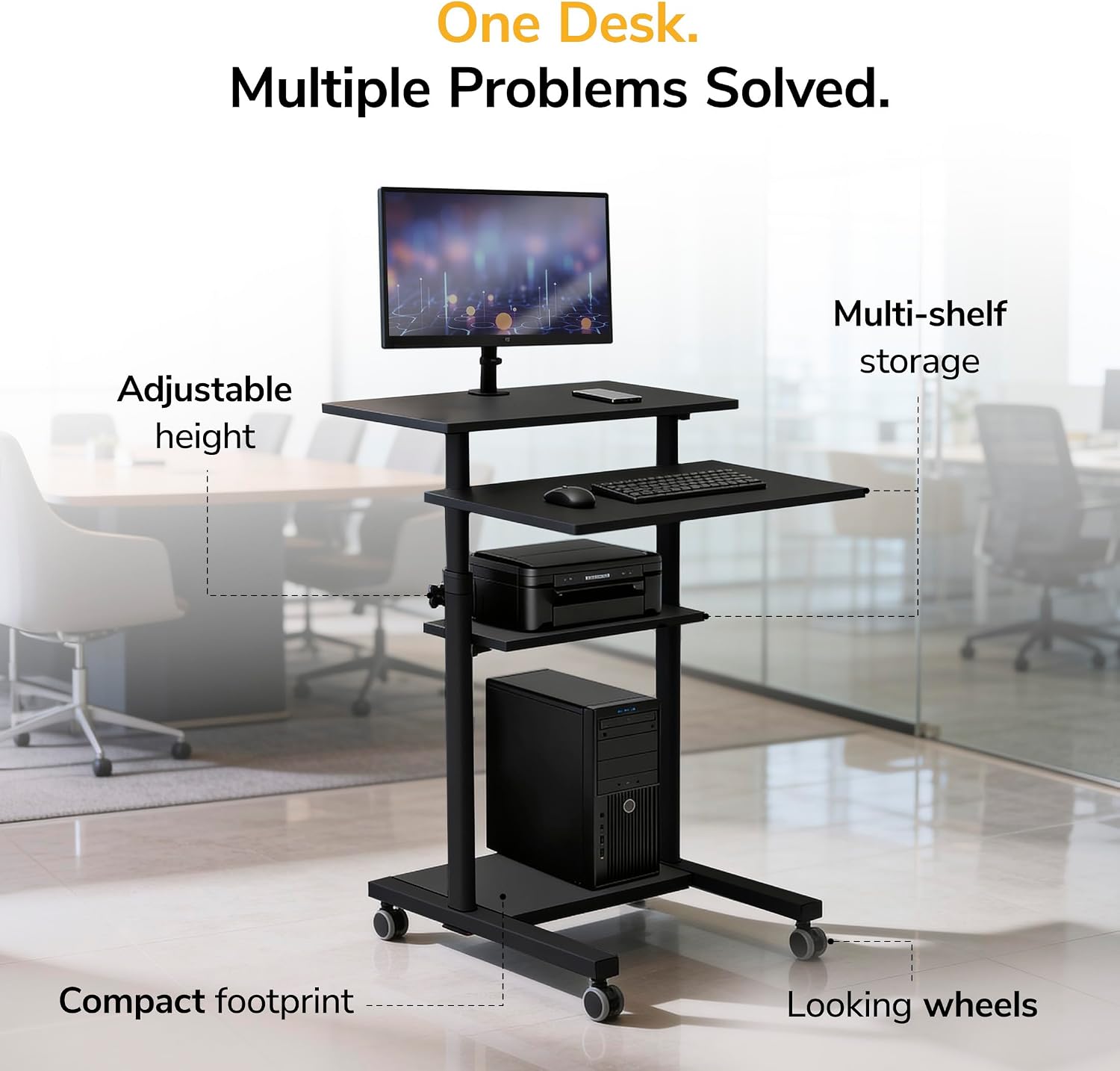 Mount-It! Black Rolling Standing Desk, Adjustable Height up to 54.7', Portable Laptop Podium Desk on Wheels, Mobile Computer Workstation with 4 Shelves 27.5' Wide, Cart for Home Office or Classroom