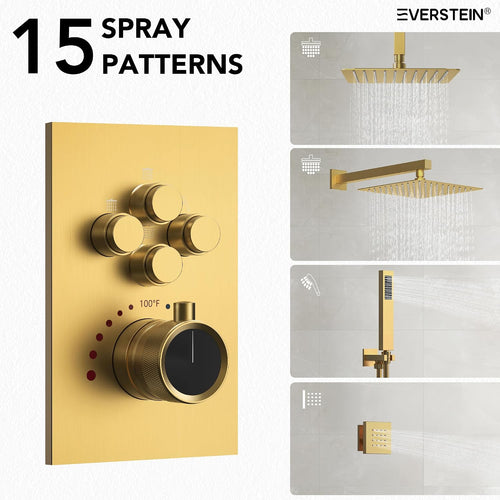 12' High-Pressure Rainfall Shower Faucet with Valve for Bathroom, Dual Rainfall Shower Head System with 6 Body Jets, Rough in-Valve (Brushed Gold)