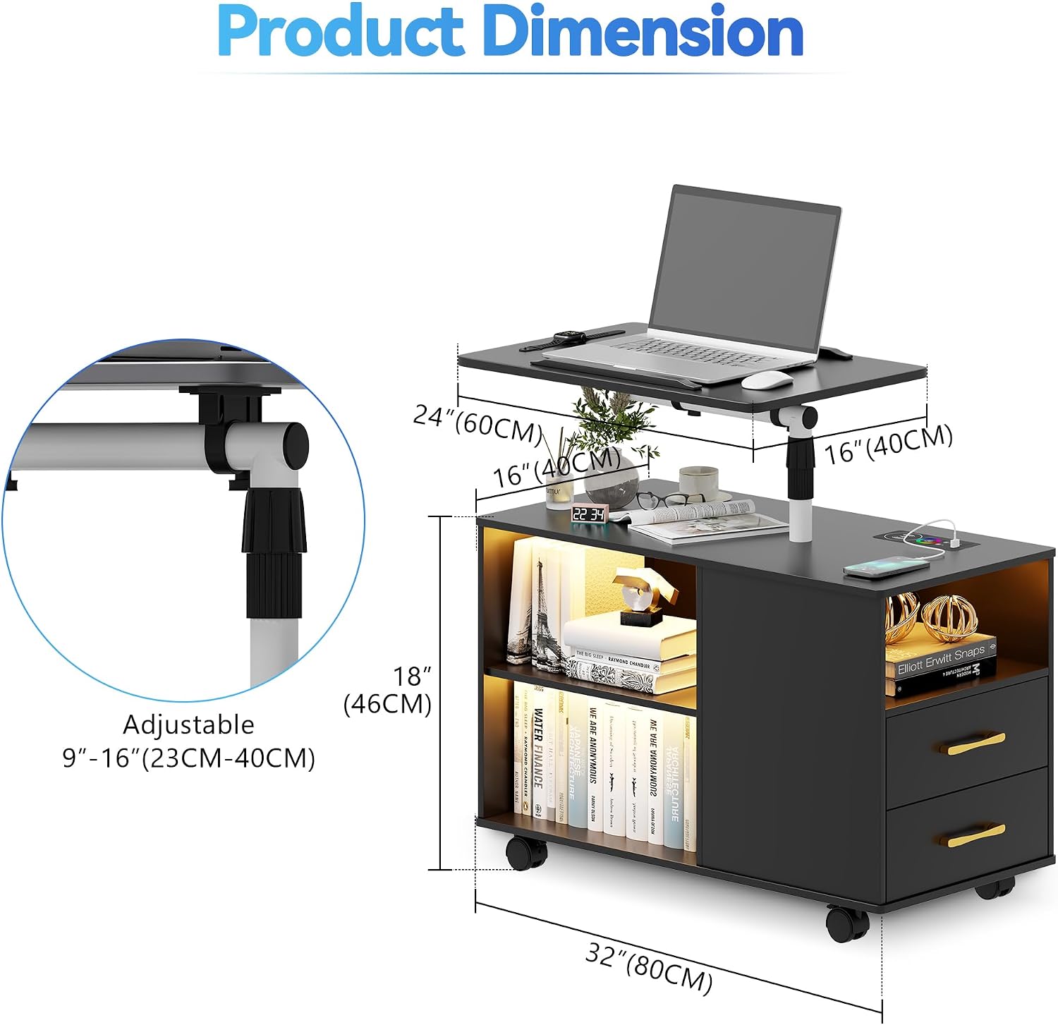 Set of 2 Night Stand with 360° Laptop Tray,Nightstand with Charging Station,Modern Bedside Table with 24-Color Human Sensor Lights,Large End Table w/ 2 Drawers,3 Shelves,5 Wheels,Black
