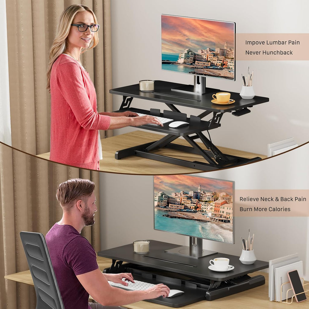 JOY worker Standing Desk Converter, 32' Wide Height Adjustable Sit Stand Up Desk Riser with Keyboard Tray, Desktop Workstation Riser for Home Office Computer Laptop, Particle Board, Black
