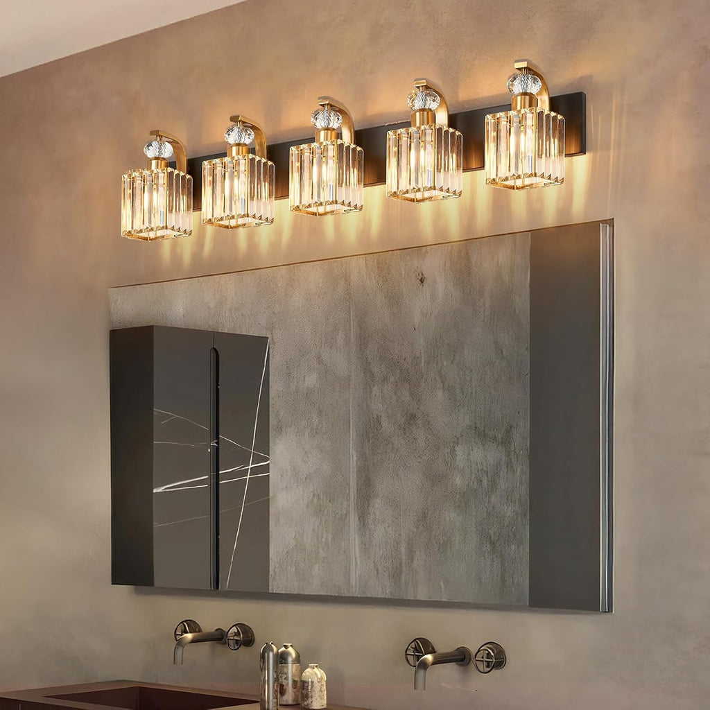 Modern Bathroom Vanity Light, 5-Light Black Gold Bathroom Lighting Fixtures Over Mirror, 36.3' Crystal Wall Light Sconce for Bathroom/Bedroom/Vanity, Includes LED Bulbs, Easy Installation