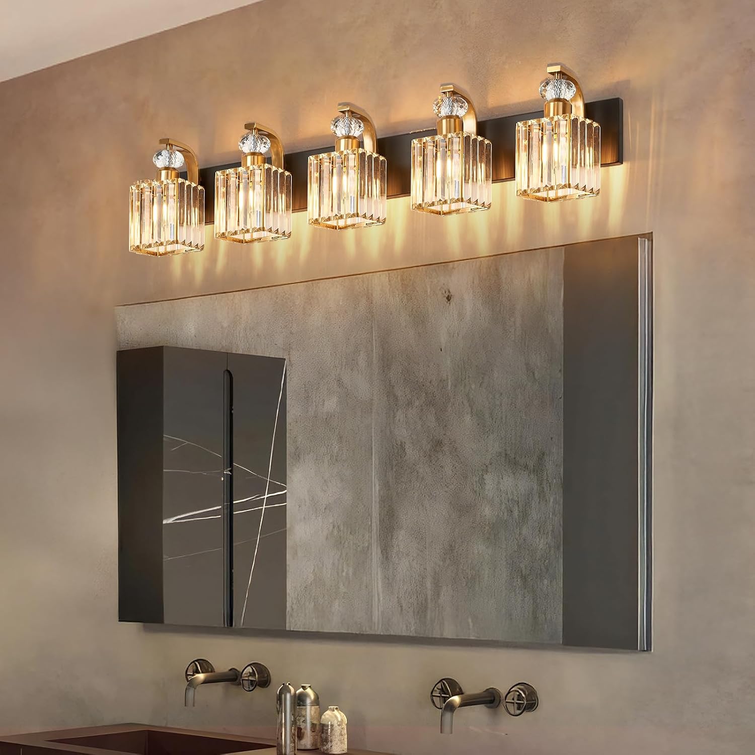 Modern Bathroom Vanity Light, 5-Light Black Gold Bathroom Lighting Fixtures Over Mirror, 36.3' Crystal Wall Light Sconce for Bathroom/Bedroom/Vanity, Includes LED Bulbs, Easy Installation