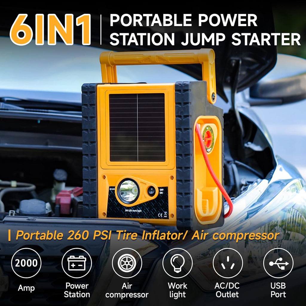 Solar Portable Power Station, 2000Amps Car Battery Jump Starter Battery Pack with 400W Inverter Dual AC/DC/USB Output, 260 PSI Air Compressor, 12V Jump Box for Car Battery with Flashlights