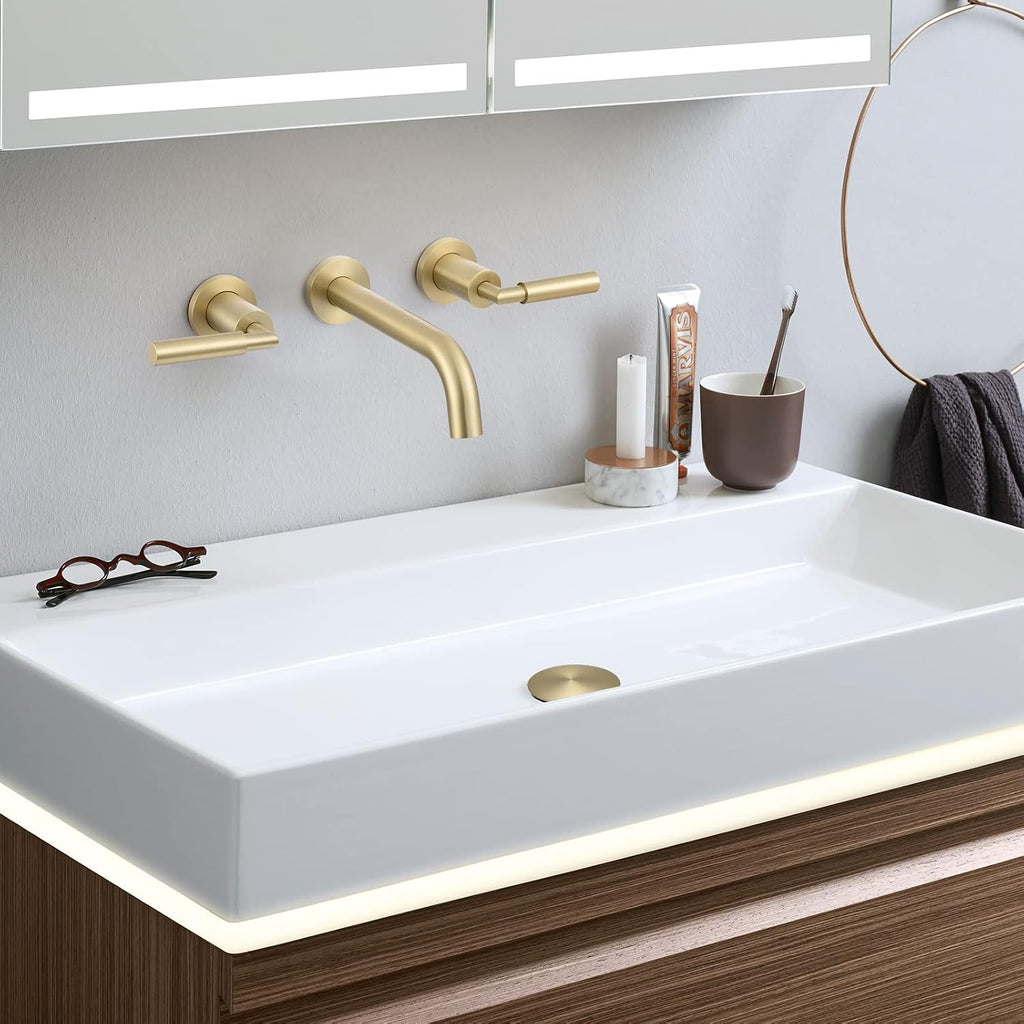 RBROHANT Gold Wall Mount Faucet with Pop up Drain Set for Sink Without Overflow, Brushed Gold Dual Handle Wall Mounted Bathroom Sink Faucet, Brass Rough-in Valve Included, RB0736D