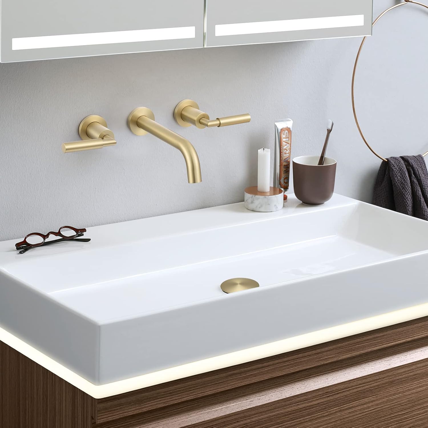 RBROHANT Gold Wall Mount Faucet with Pop up Drain Set for Sink Without Overflow, Brushed Gold Dual Handle Wall Mounted Bathroom Sink Faucet, Brass Rough-in Valve Included, RB0736D