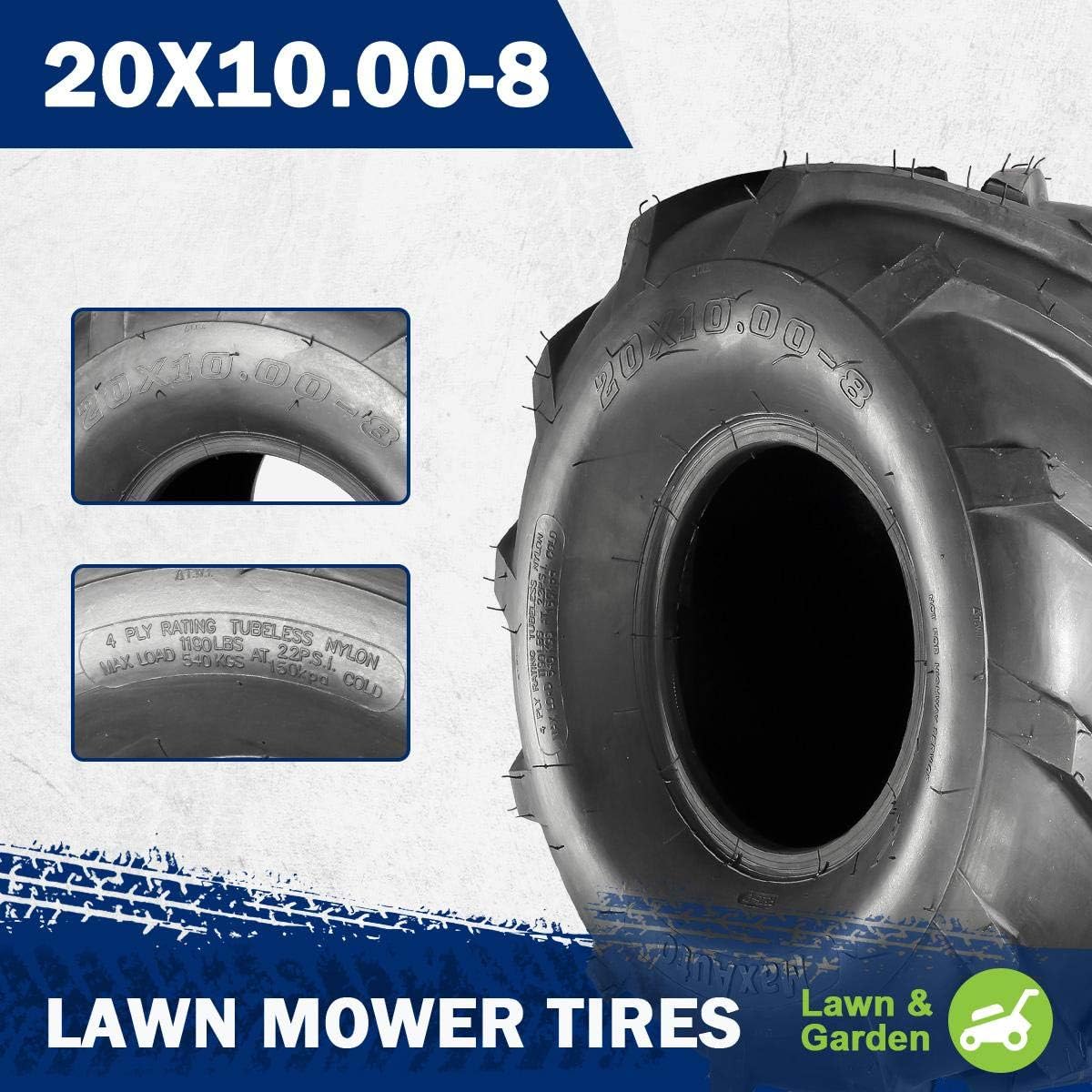 MaxAuto 20x10-8 Ag Lug Riding Mower Tires, 20x10.00-8 Garden Tractor Turf Tires, 20x10x8 Super Lug Ag Tractor Tire, 4Ply Tubeless, 1190lbs Capacity, Set of 2
