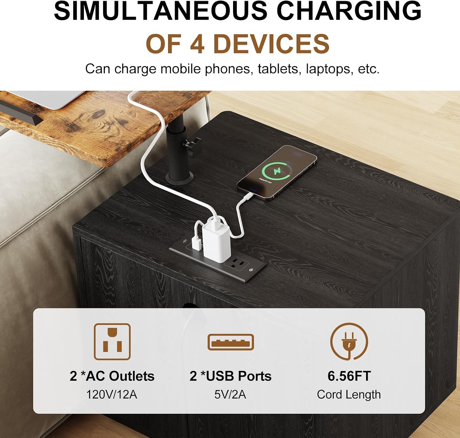 Bedroom Nightstand with Drawers & Charging Station, Adjustable Height Bedside Table with Wheels, Wooden Small Sofa Side Tables with Storage for Living Room, Black Brown