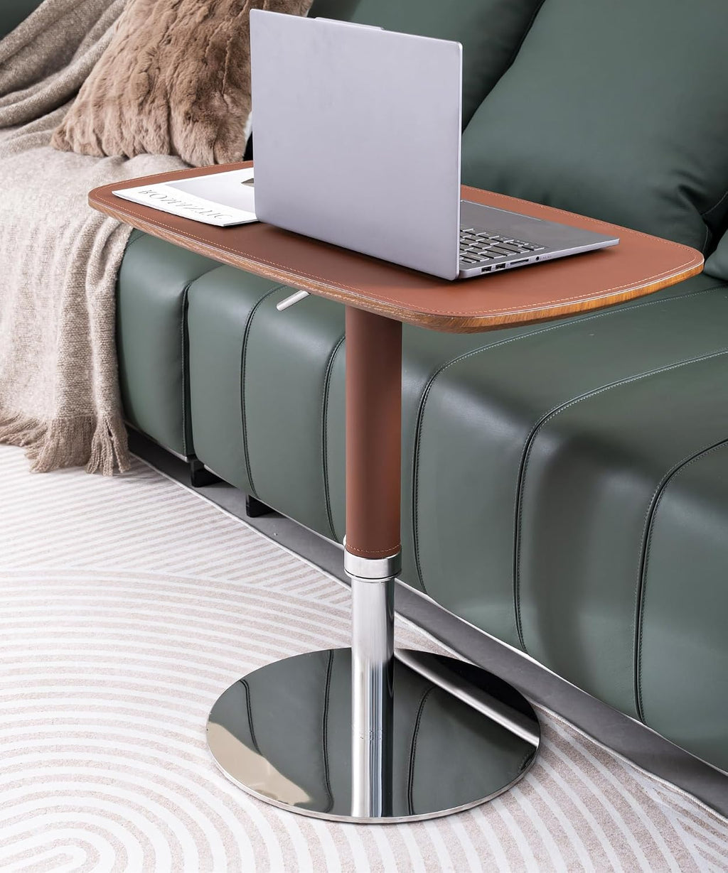 TV Trays for Eating on Couch, Adjustable Height 360° Swivel TV Tray with Saddle Faux Leather Top, Heavy Duty Snack Table for Sofa Bed Recliner, C Shaped Side Table for Laptop Dinner Small Spaces