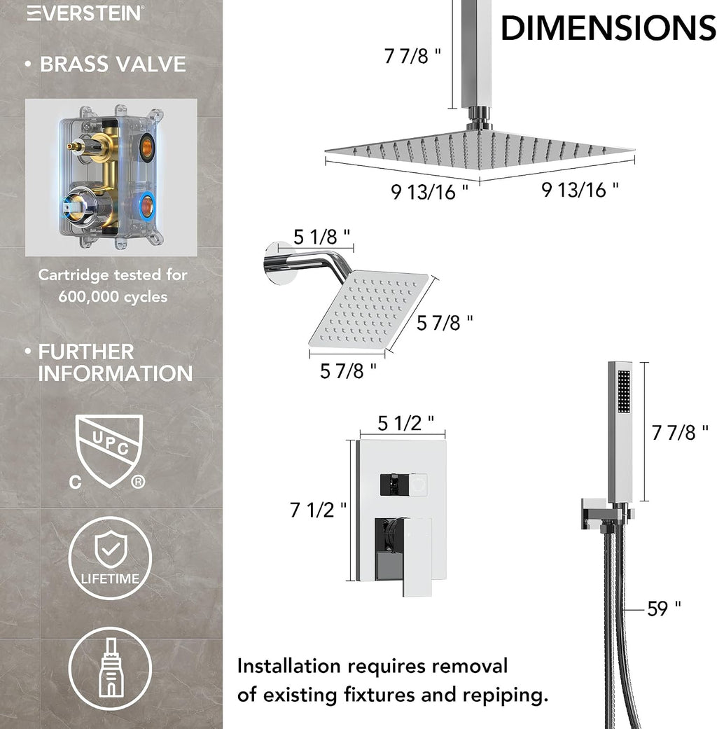 10' High-Pressure Rainfall Shower Faucet, Celling Mount Dual Shower Head System, Polished Chrome